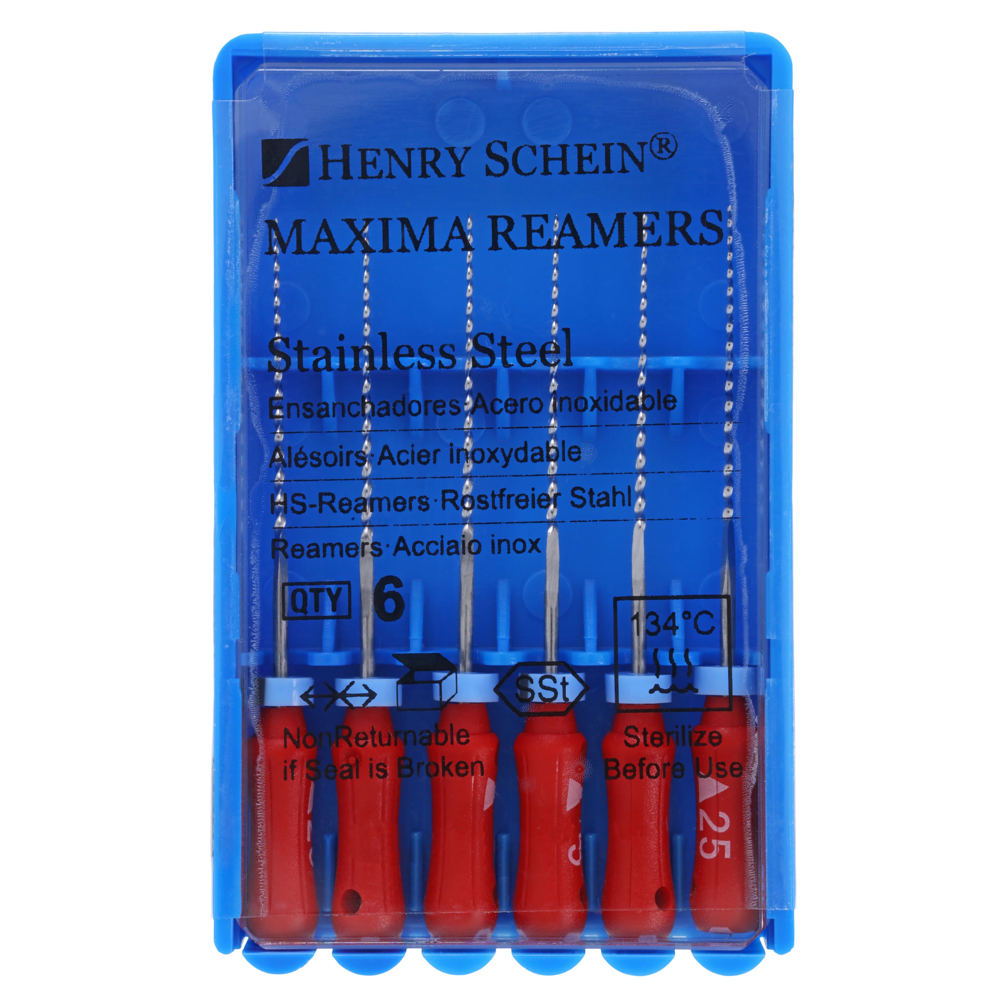 Maxima Hand Reamer, Size 25, 25mm, Stainless Steel, Red Color Coded, 6/Box