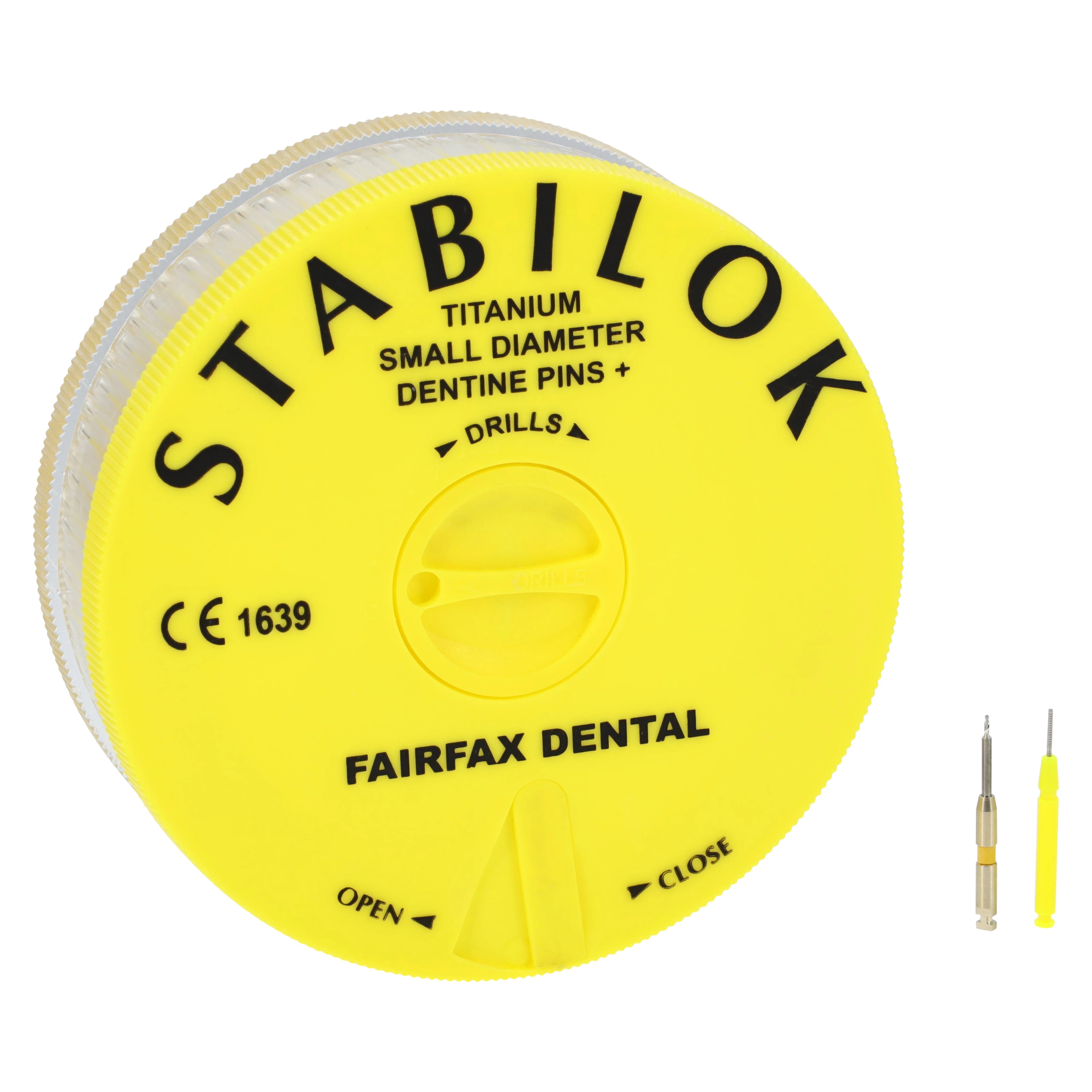 Stabilok Titanium Dentin Pins, Yellow .021" (0.60mm) Economy Kit, 100 Pins with Drill, Ref 15894
