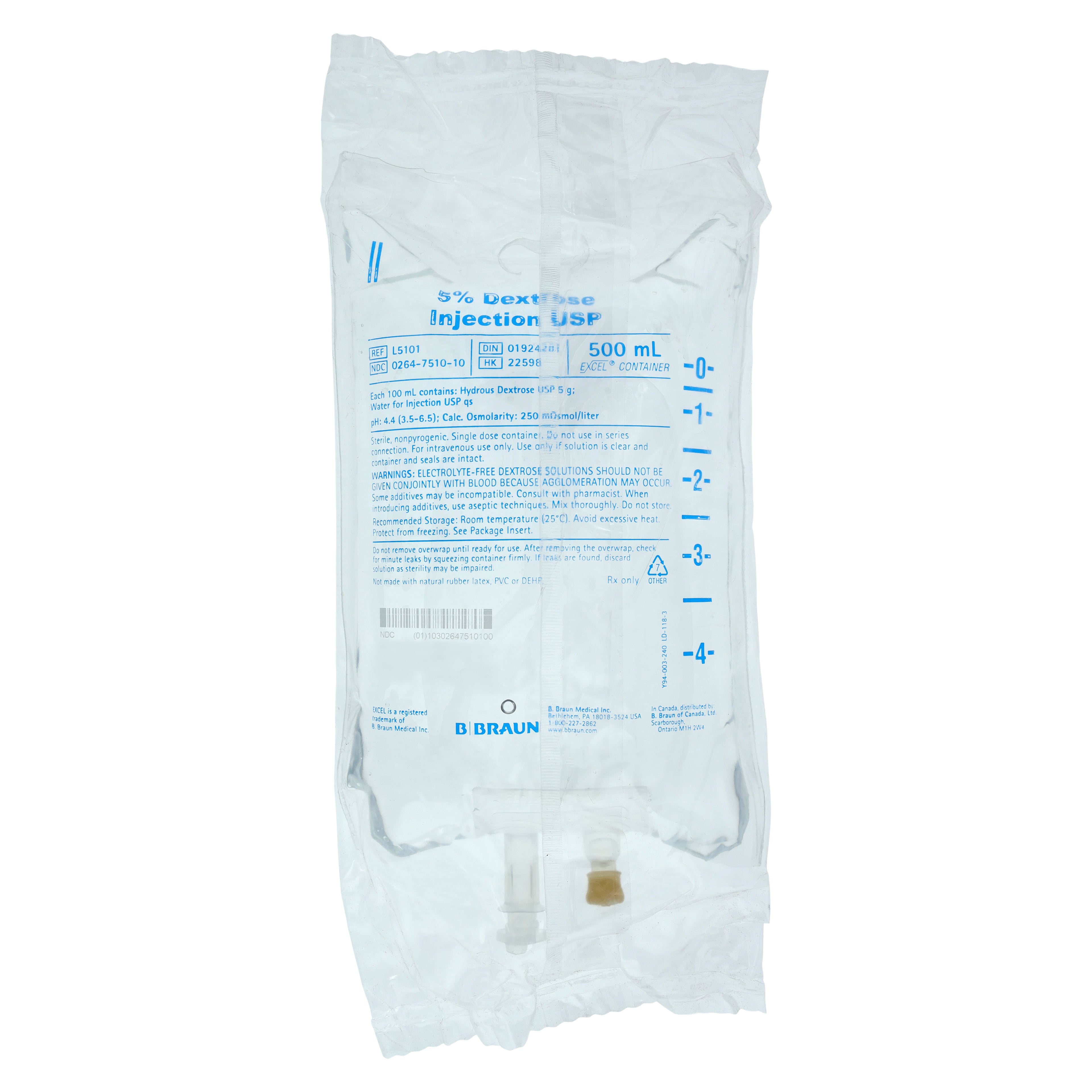 B. Braun 5% Dextrose Injection (D5W), 500 mL, Sterile, Nonpyrogenic, DEHP-Free
