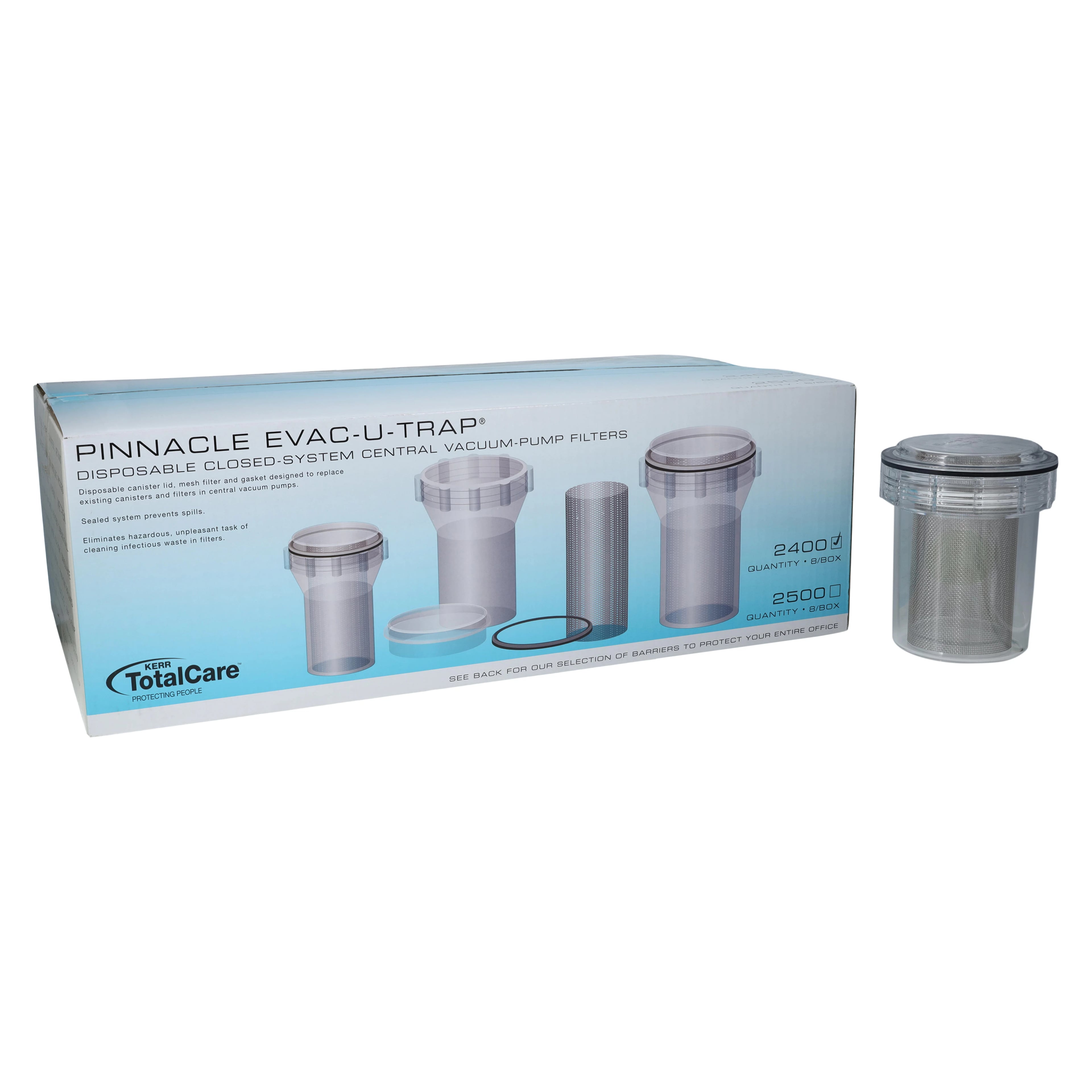 Kerr TotalCare Evac-U-Trap #2400 Disposable Canister, Internal Thread, 4-1/2"W x 5-1/8"H, 8/Box