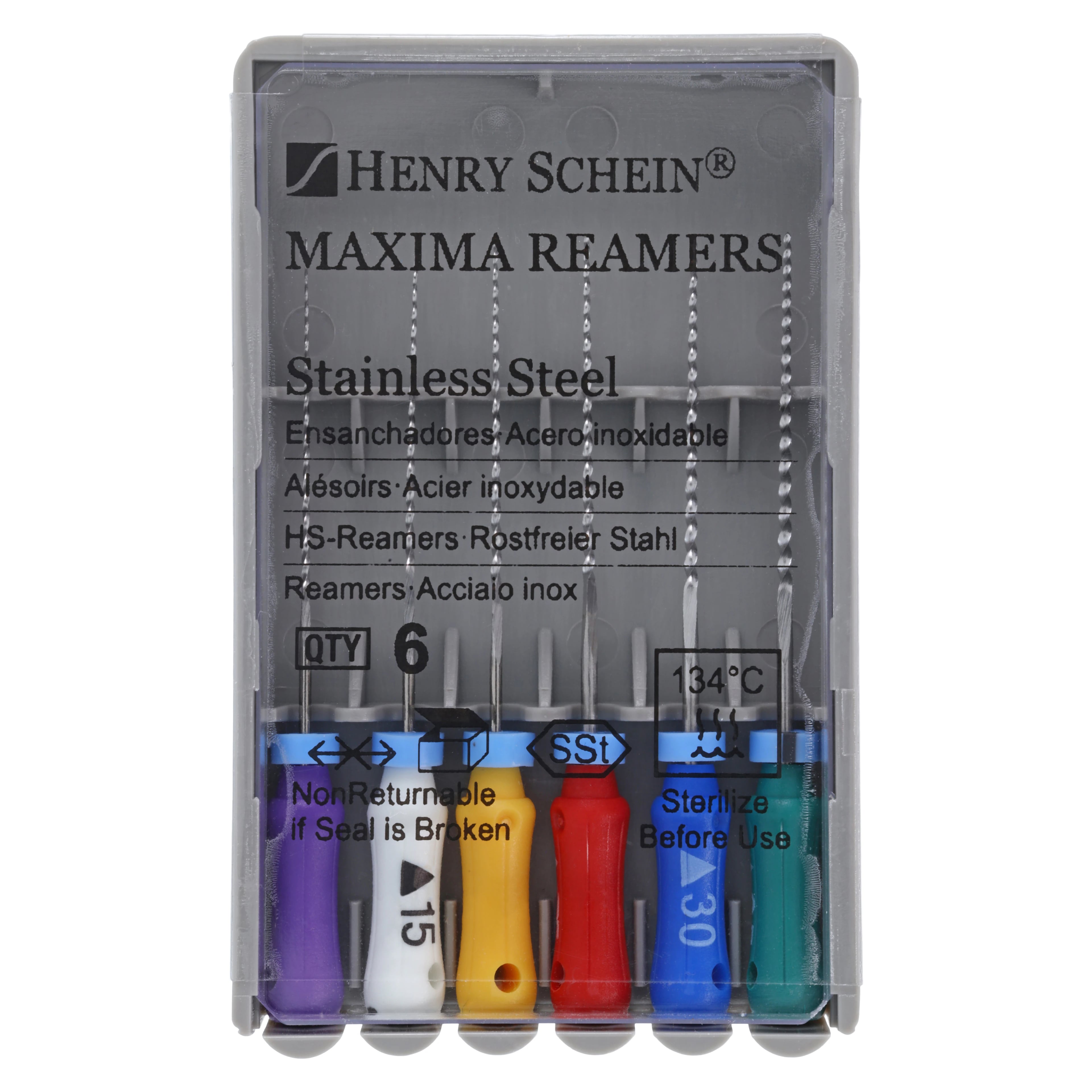 Maxima Hand Reamers, Size 10-35, 25mm, Stainless Steel, Color Coded, Assorted, 6/Box