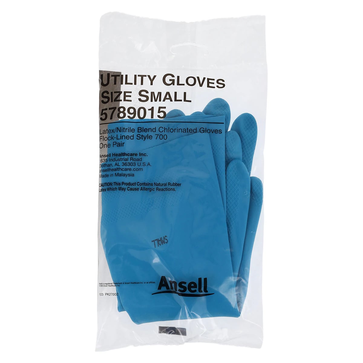 Ansell Latex/Nitrile Blend Utility Gloves, Reusable, Flock-Lined, Blue, Size Small, 12 Pairs/Bag