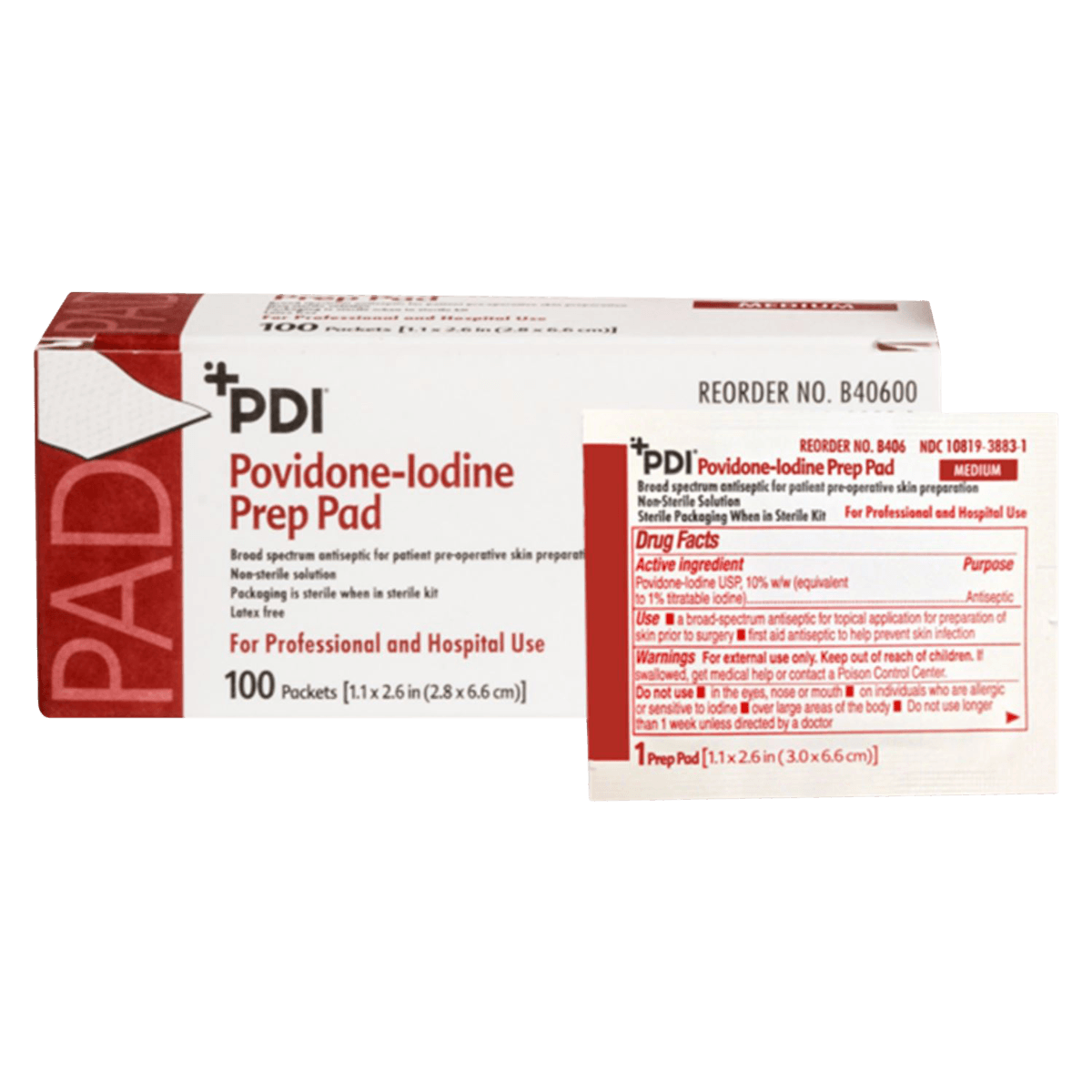 PDI PVP Iodine Prep Pad, 10% Povidone-Iodine, Medium 1.1875" x 2.625", 100/Box, B40600