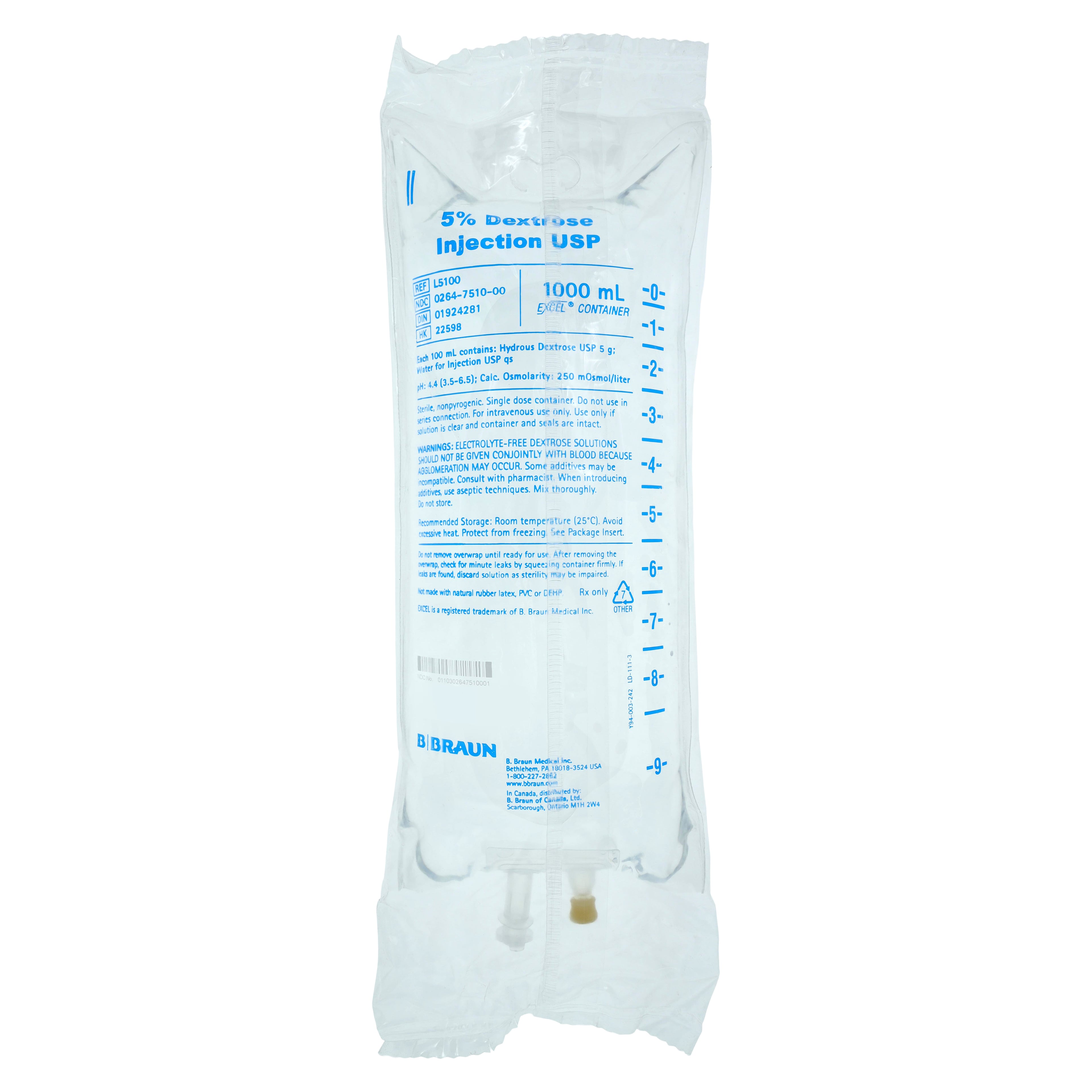 B. Braun 5% Dextrose Injection (D5W), 1000 mL IV Bag, Sterile, Non-Pyrogenic, DEHP-Free