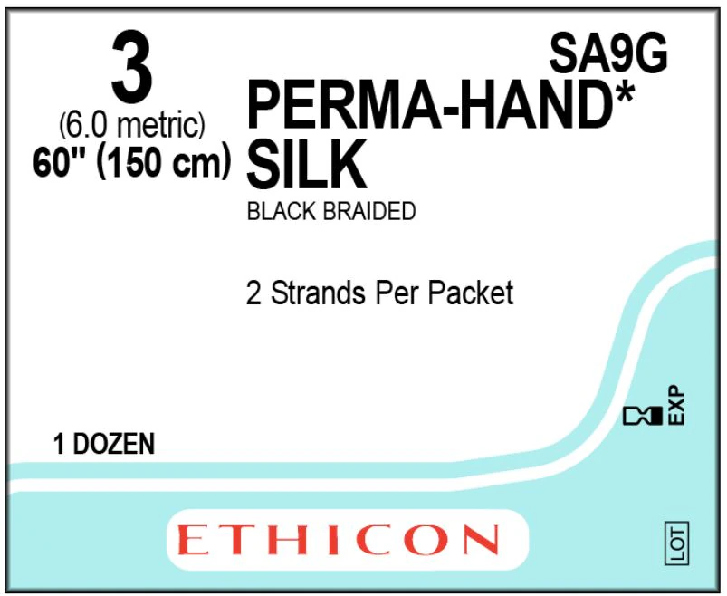 Perma-Hand Silk Suture, Size 3, 2x60" Black Braided Non-Absorbable, 12/Box