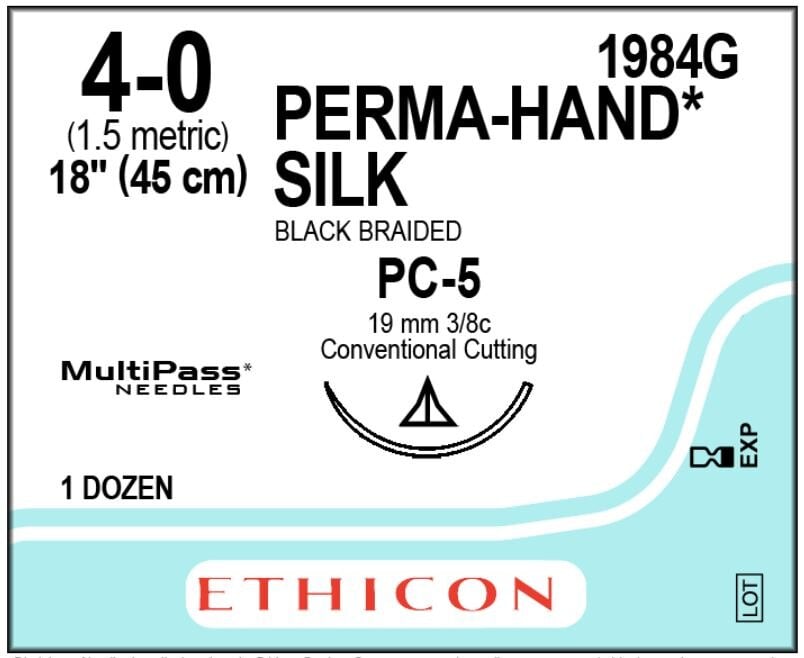 Ethicon Perma-Hand Silk Suture, Non-Absorbable, Braided, Black, Size 4-0, 18 in, PC-5 Prime Conventional Cutting Needle, 3/8 Circle, 12/Box