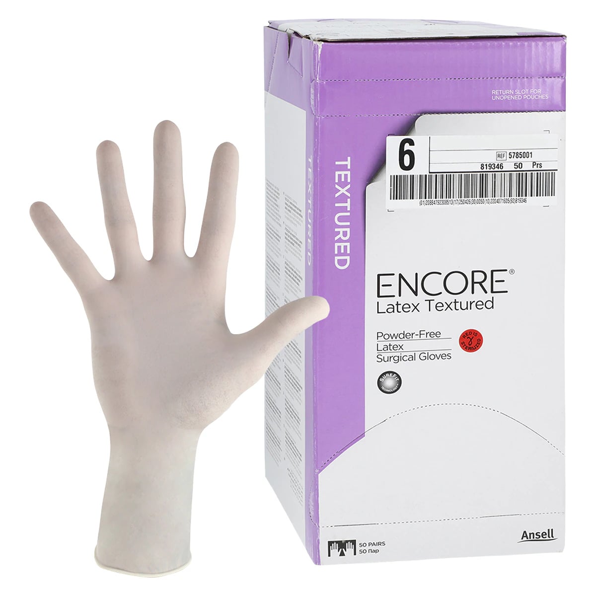 Ansell Encore Powder-Free Sterile Latex Surgical Gloves, Size 6, Textured, Natural, 50 Pairs/Box, 5785001