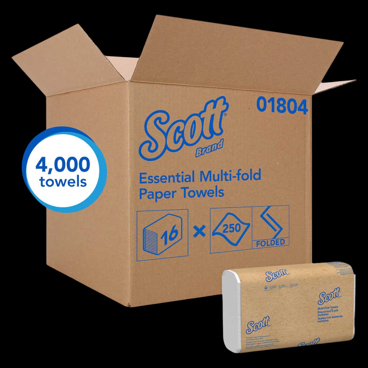 Kimberly-Clark Scott 180 Multifold Paper Towels, 1-Ply, White, 9.2" x 9.4", 250 Sheets/Pack, 16 Packs/Case (4000 Towels), 01804