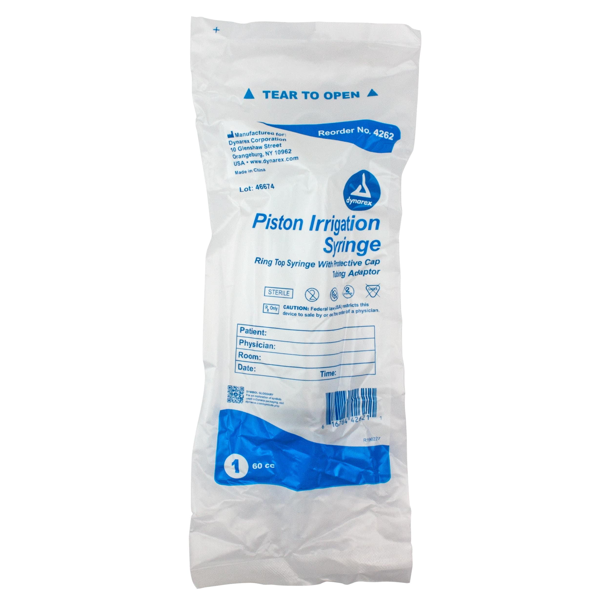 Dynarex Piston Irrigation Syringe, 60cc, No Dead Space, Sterile, Disposable, 50/Case