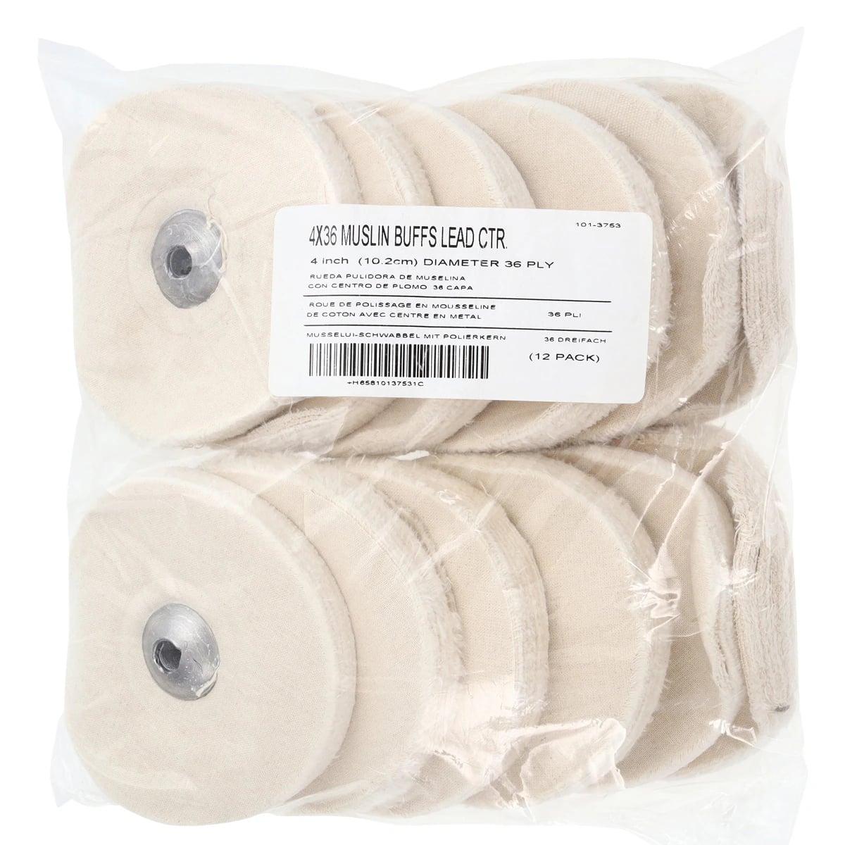 Muslin Buffs With Lead Center, 4" x 36 Ply, 12/Box