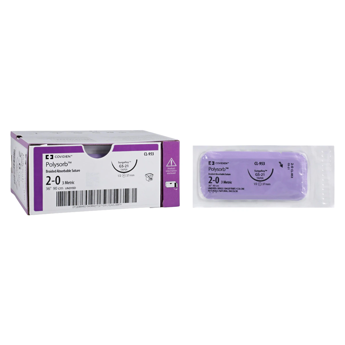 Medtronic Polysorb Absorbable Suture, 2-0, 36" Polyester Braid, GS-21 Taper Point 1/2 Circle Needle 37mm, Undyed, 36/Case