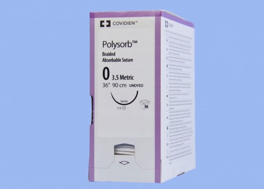 Medtronic Polysorb Suture, Size 0, 36" Polyester Braid, Absorbable, GS-25 Taper Point 1/2 Circle Needle 48mm, Coated Undyed, 36/Case