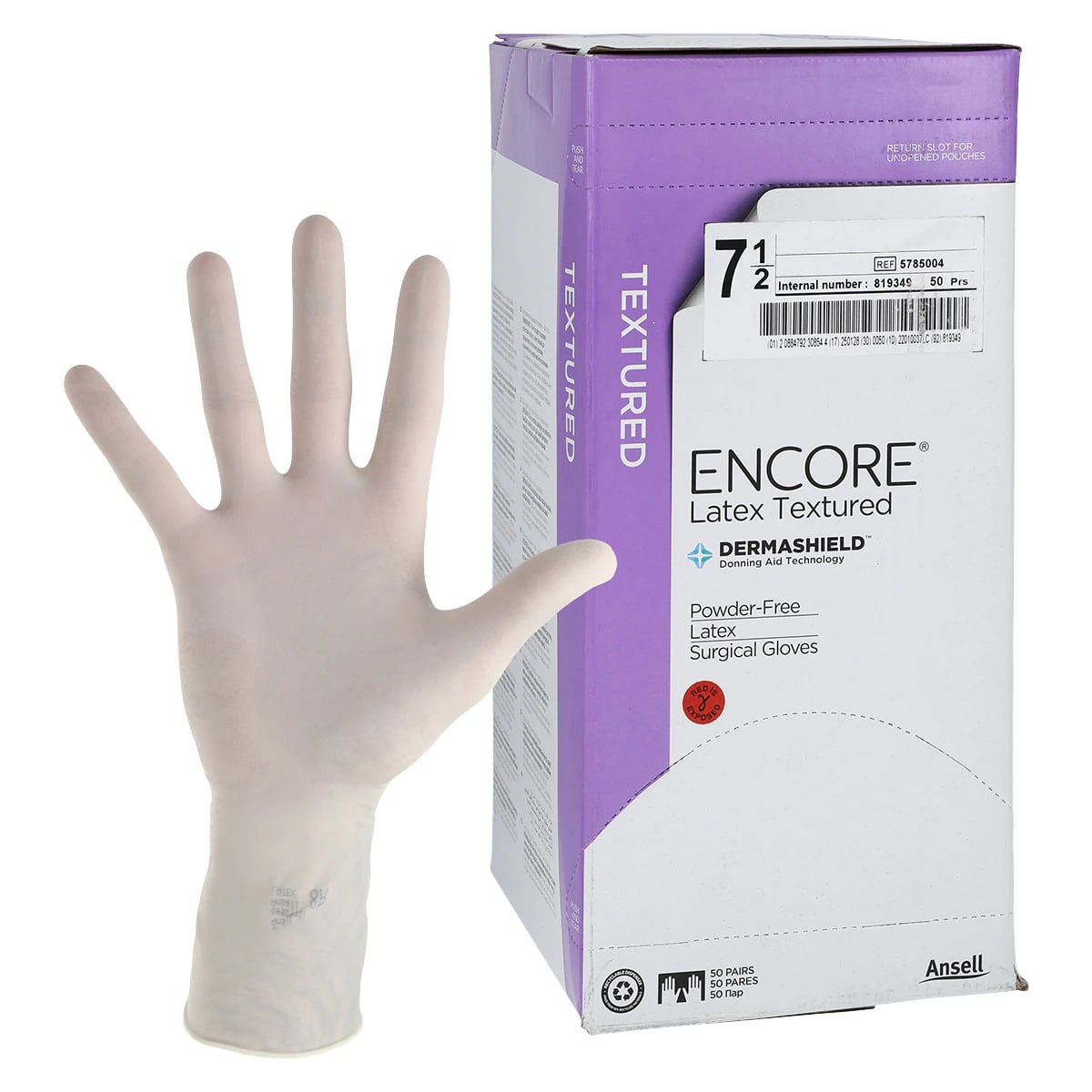 Encore PF Sterile Latex Surgical Gloves, Powder-Free, Textured, Size 7.5, Natural, 50 Pairs/Box, 5785004