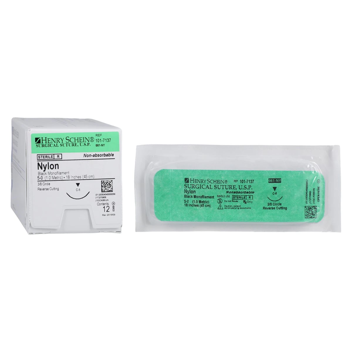 Henry Schein Black Monofilament Nylon Non-Absorbable Surgical Sutures, 5-0, 18", C-6 Reverse Cutting 3/8 Circle Needle, 18mm, 12/Box