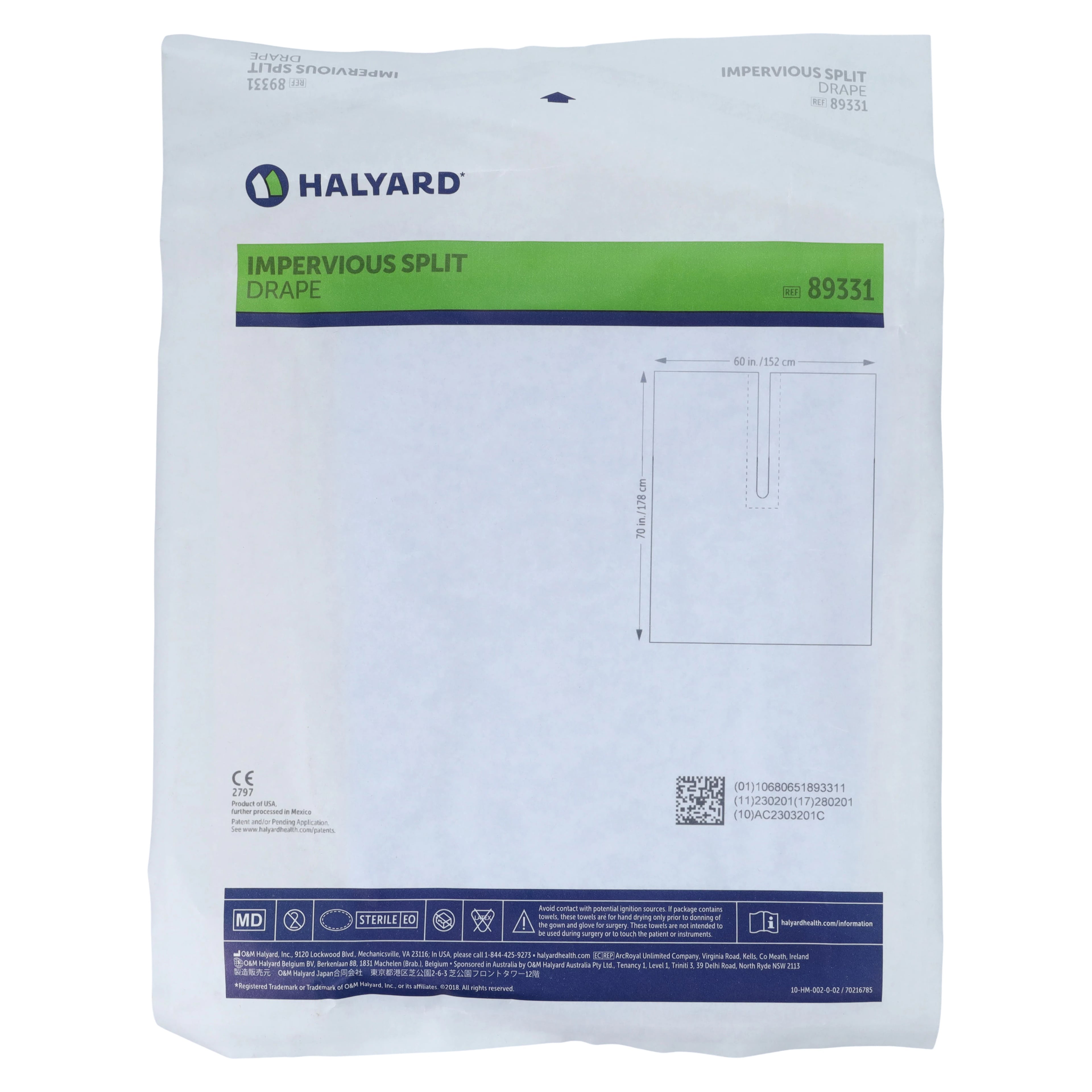 O & M Halyard Impervious Split Drape, 60 in. x 70 in. (152 cm x 178 cm), Sterile, 4x4" Fenestrated, Case of 42
