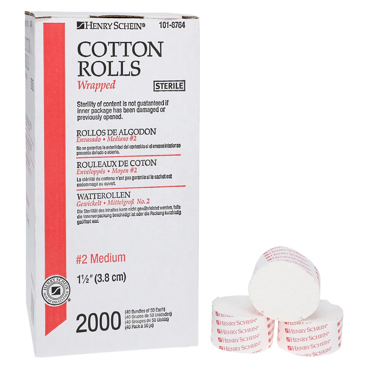 Henry Schein Sterile Wrapped Cotton Rolls, Medium, 1.5 in, 2000/Box