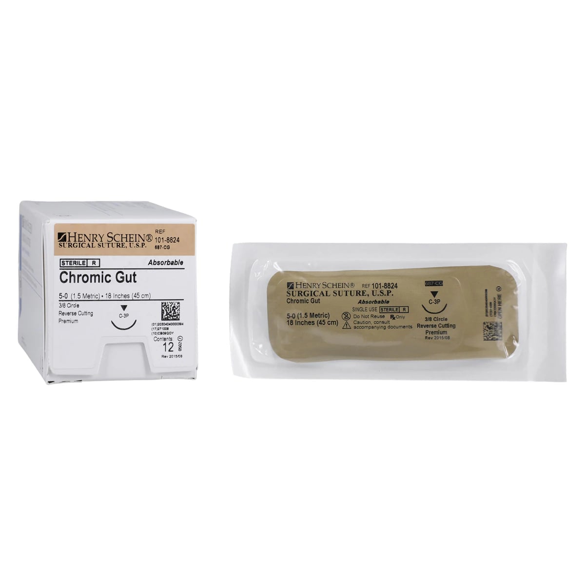 Henry Schein Chromic Gut Absorbable Surgical Sutures, Monofilament, 5-0, 18" Length, C-3 Precision Reverse Cutting Needle, 13mm, Undyed Beige, 12/Box