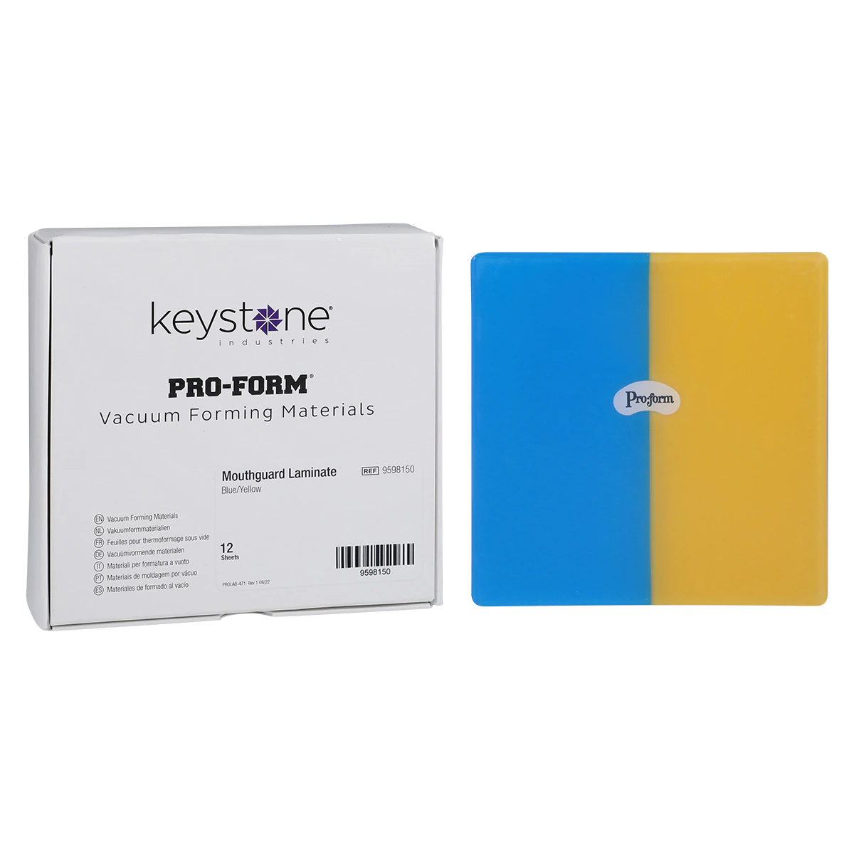 Pro-Form Dual-Color Mouthguard Laminate, Blue/Yellow, 5" x 5", 0.160" (4mm), 12/Pack, 9598150
