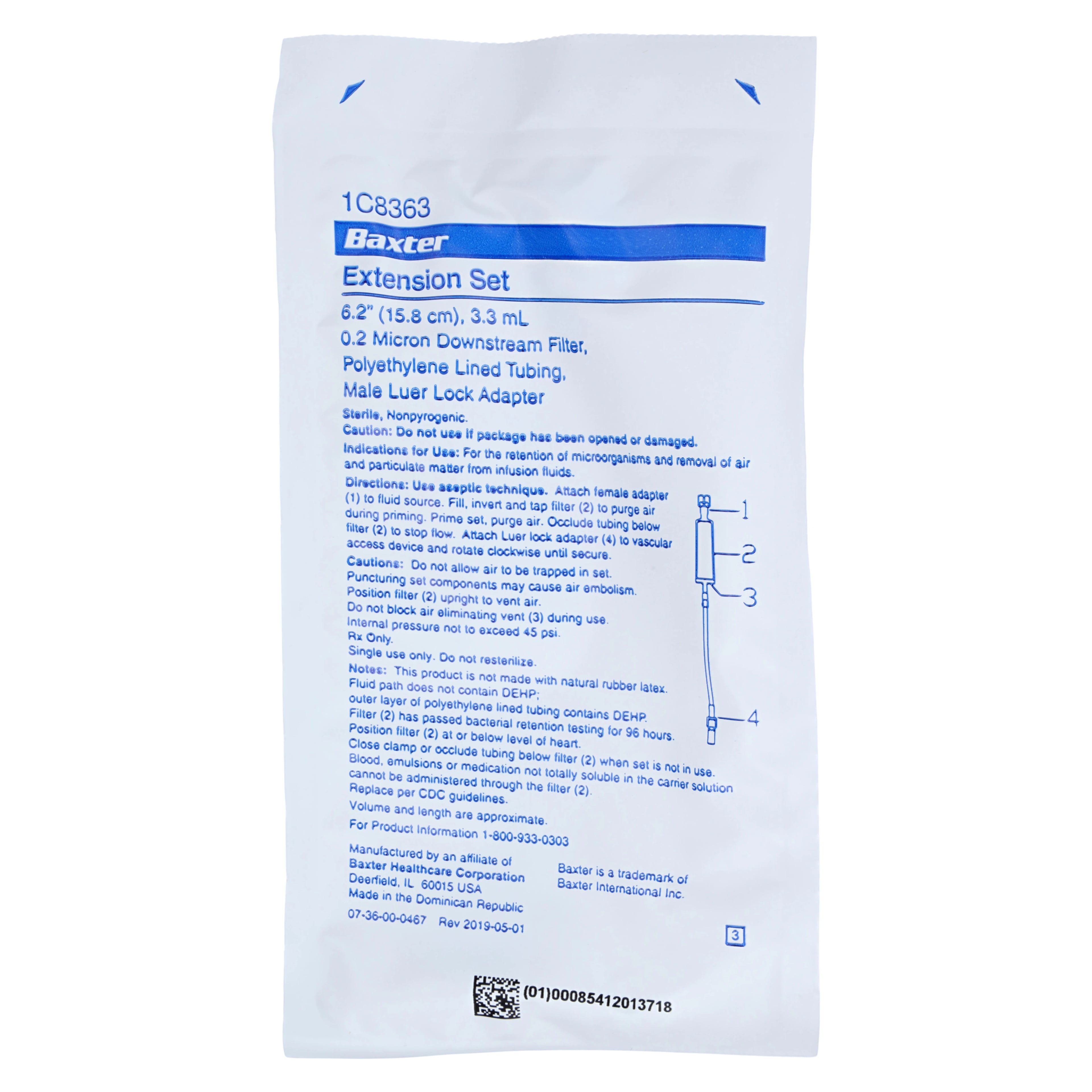 Baxter IV Extension Set with 0.22 Micron Downstream High Pressure Extended Life Filter, 6" Polyethylene-Lined Male Luer Lock Adapter, Sterile, 48/Case