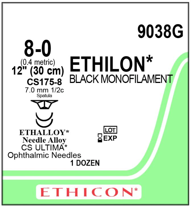 Ethicon Ethilon Nylon Monofilament Non-Absorbable Suture, Size 8-0, 12", Black, CS175-8 Ultima Spatula 1/2 Circle Needle, 12/Box, 9038G
