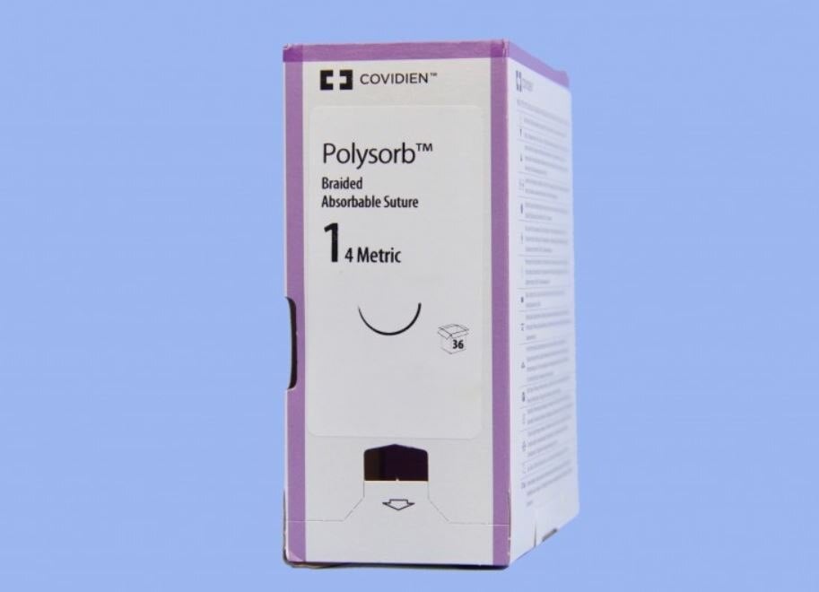 Medtronic Polysorb Suture, Size 1, 36" Polyester Braid, Absorbable, Coated, Undyed, GS-21, Taper Point 1/2 Circle Needle 37mm, 36/Case
