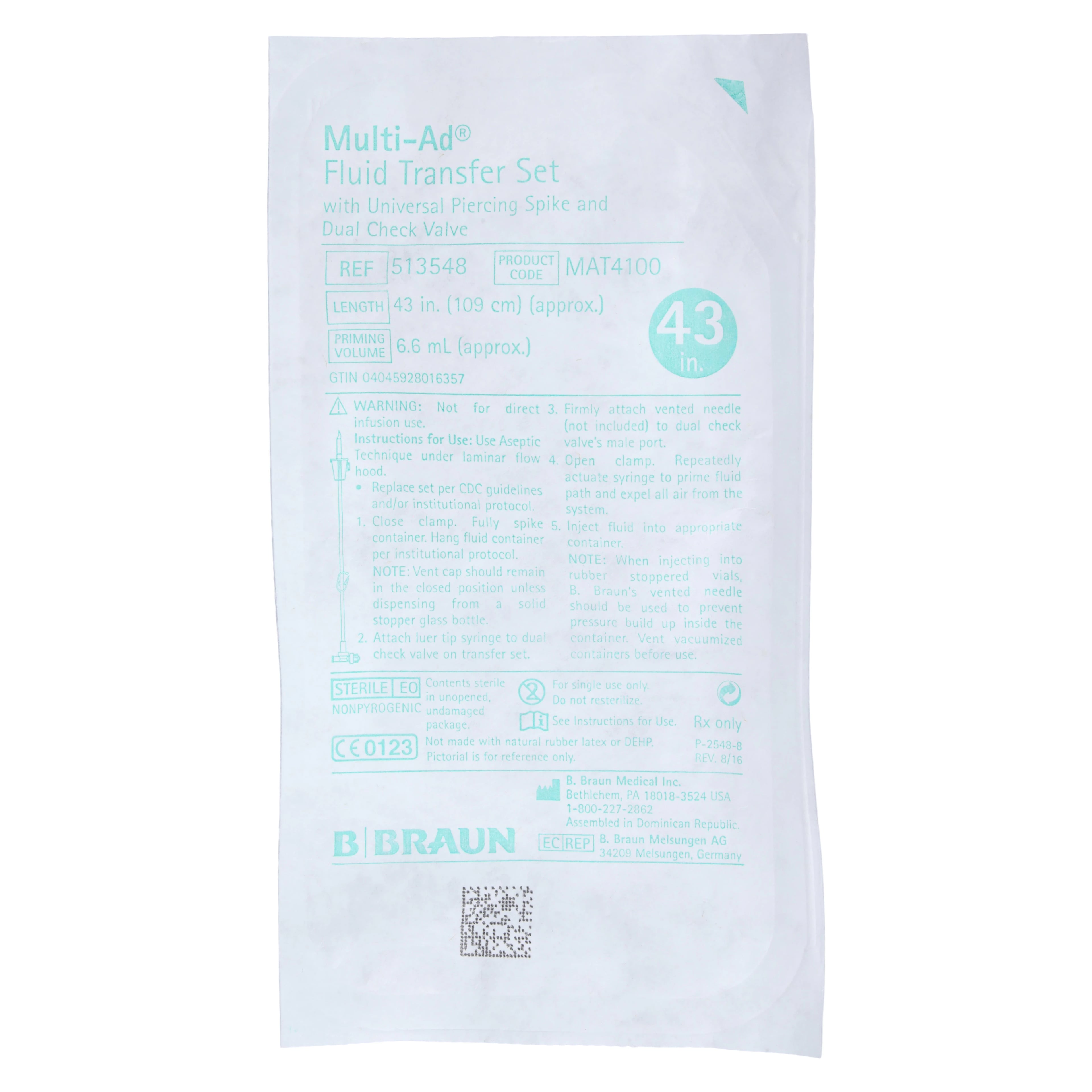 B. Braun Multi-AD Transfer Set, 43" Vented Universal Spike, On/Off Clamp, 2-Way Valve, Sterile, 20/Case