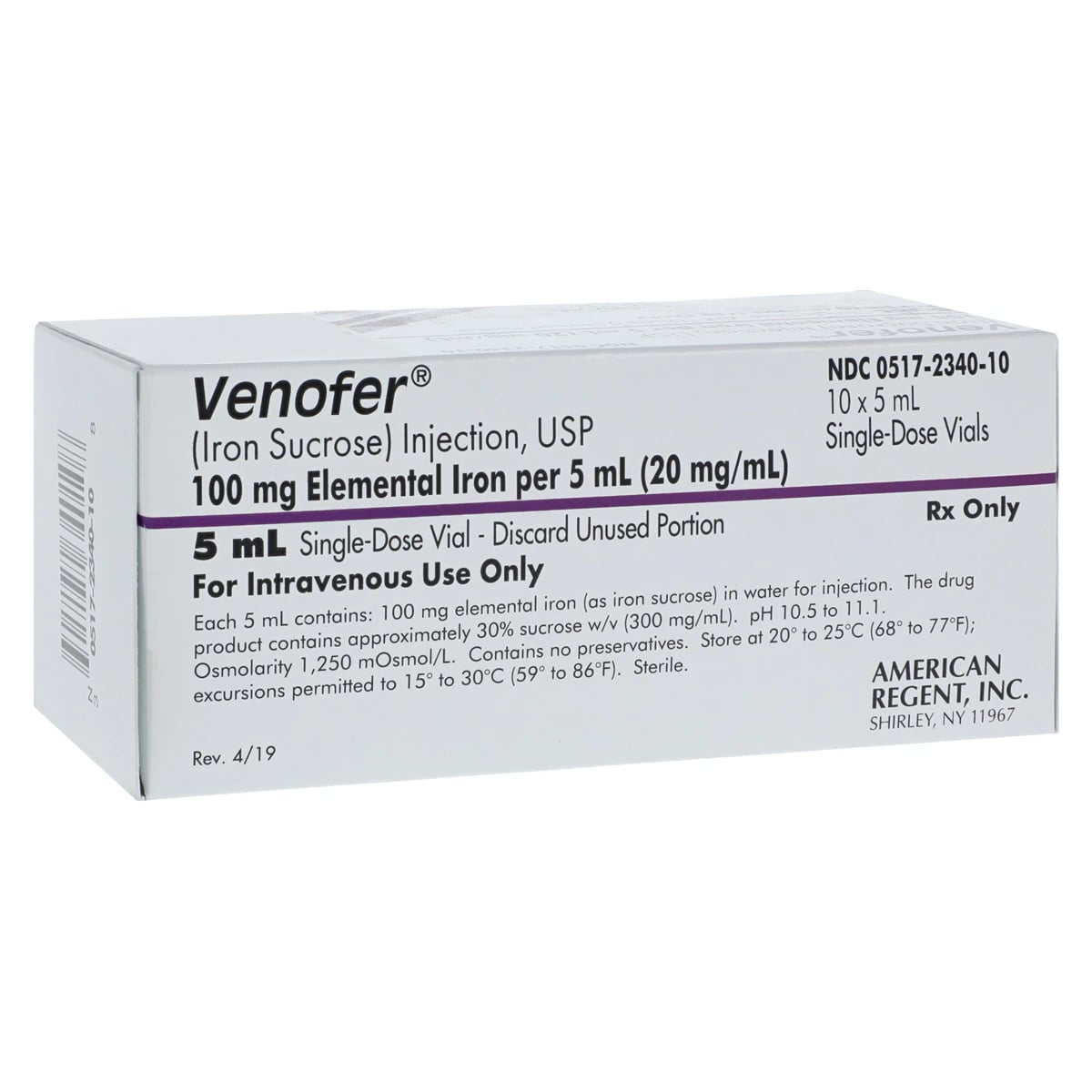 Venofer (Iron Sucrose) Injection, 20 mg/mL, 5 mL Single-Dose Vial, 10/Package