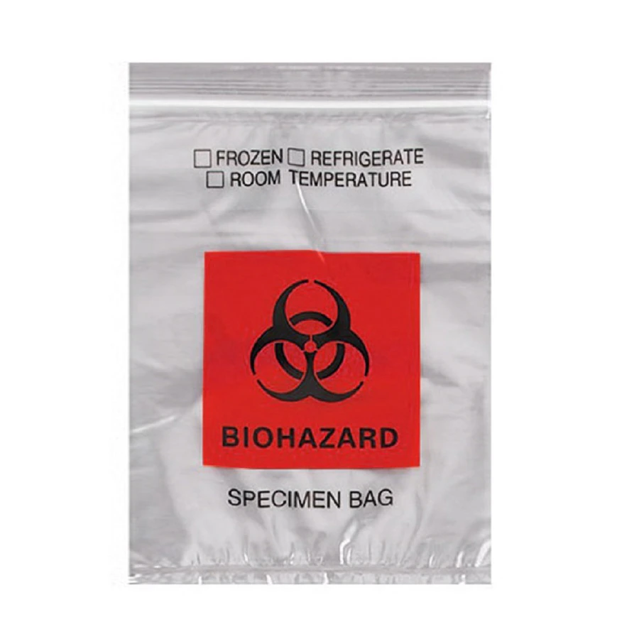 Econo-Zip Specimen Transport Bag, 2 mil, 8" x 10", Red/Black Zipper Closure, Biohazard Symbol, with Document Pouch, 1000/Case