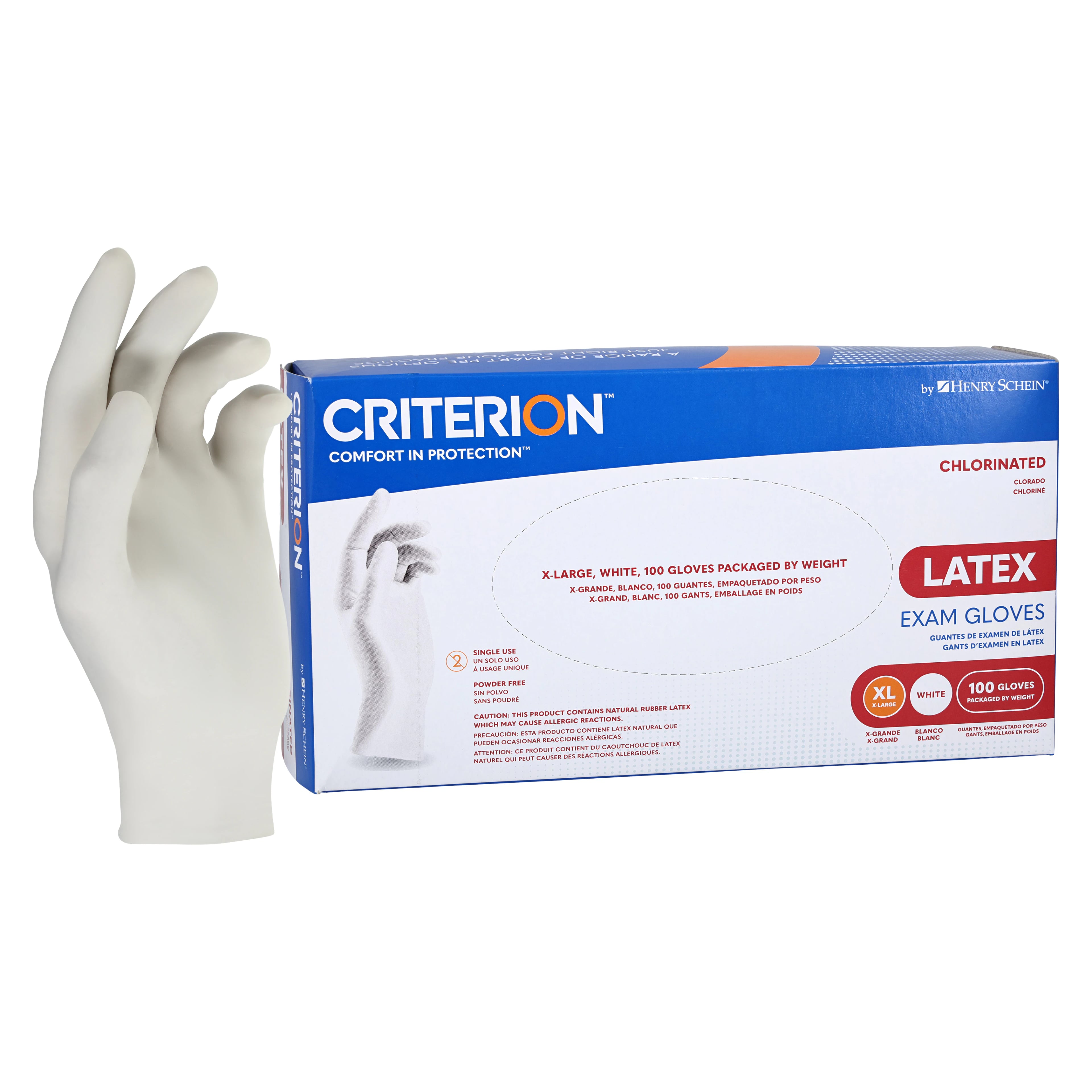 Criterion CL Latex Exam Gloves, X-Large, Powder-Free, Chlorinated, Non-Sterile, 100/Box