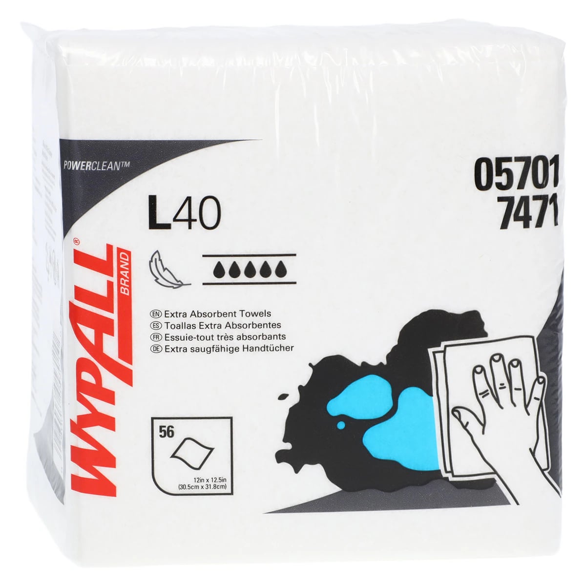 WypAll L40 General Purpose Wipe, 1/4 Fold, Hydroknit Double Re-Crepe, 12.5 in x 13 in, White, 1008/Case