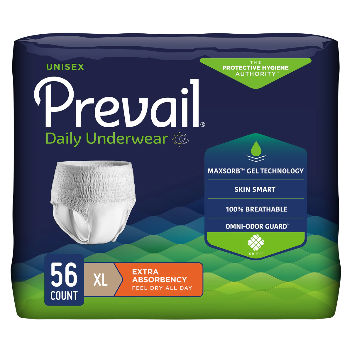 Prevail Incontinence Underwear, Unisex, XL (58-68" Waist), Moderate, White, Odor Guard, Tab Closure, 56/Case