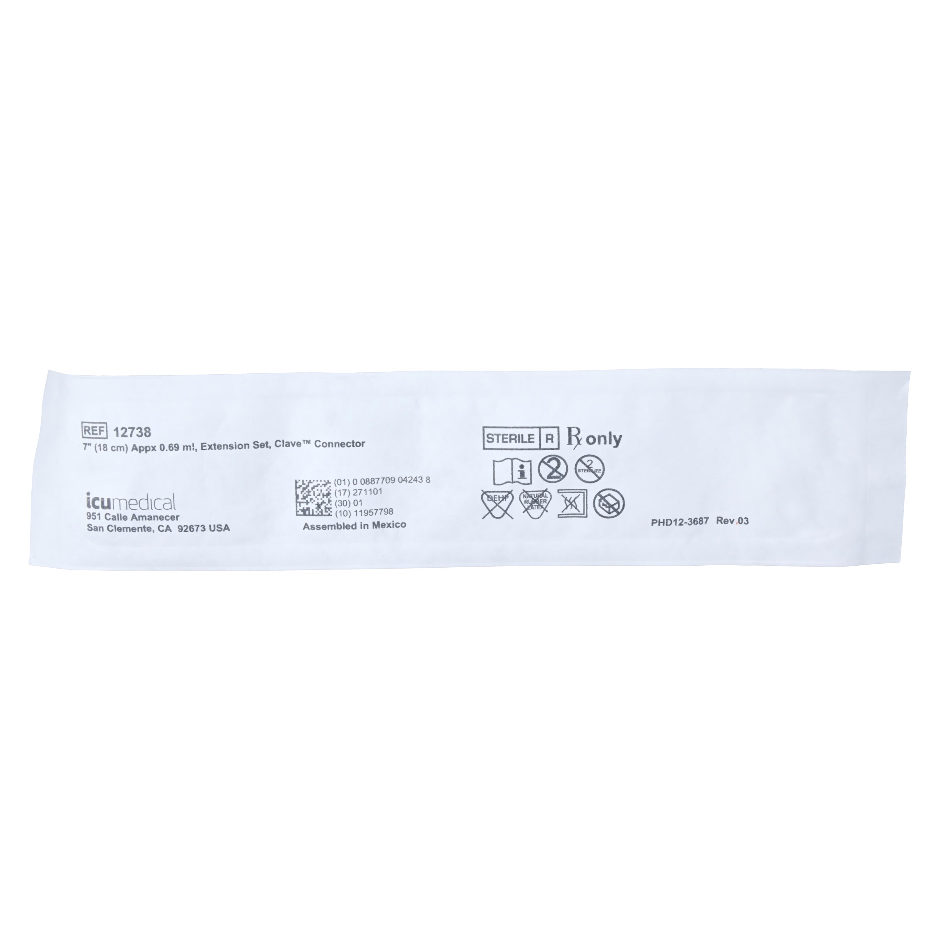 ICU Medical Lifeshield IV Extension Set, 7" Option-Lok Male Adapter, Microbore, Slide Clamp, Clave, Non-DEHP, Sterile, 50/Case