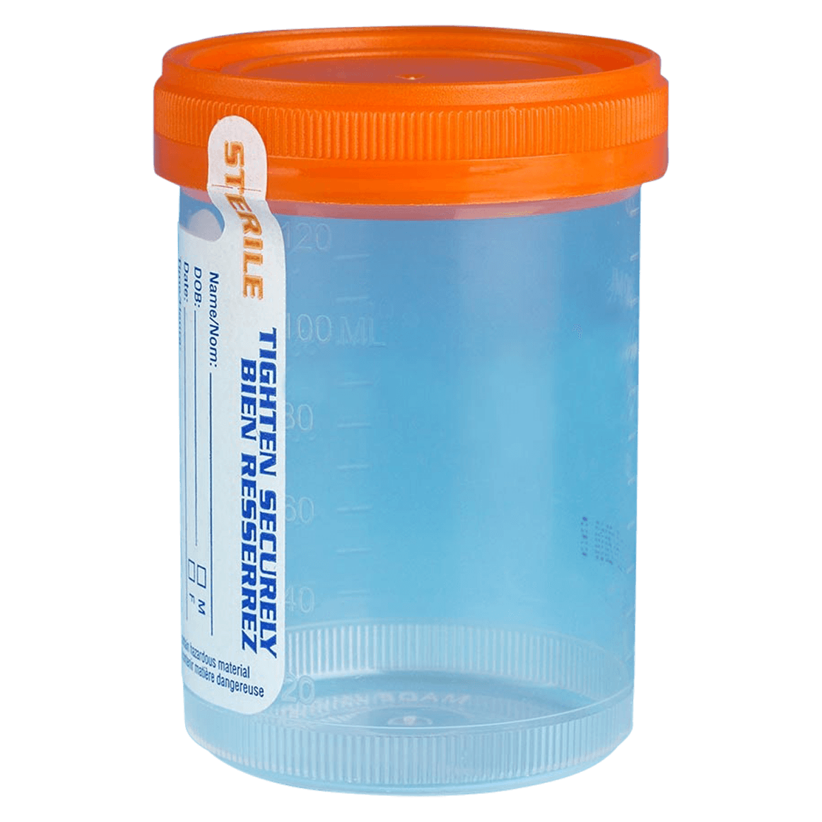 Tite-Rite Polypropylene Specimen Container, 120mL, Sterile, Individually Wrapped, with Attached Screw Cap, Clear/Orange, 100/Case