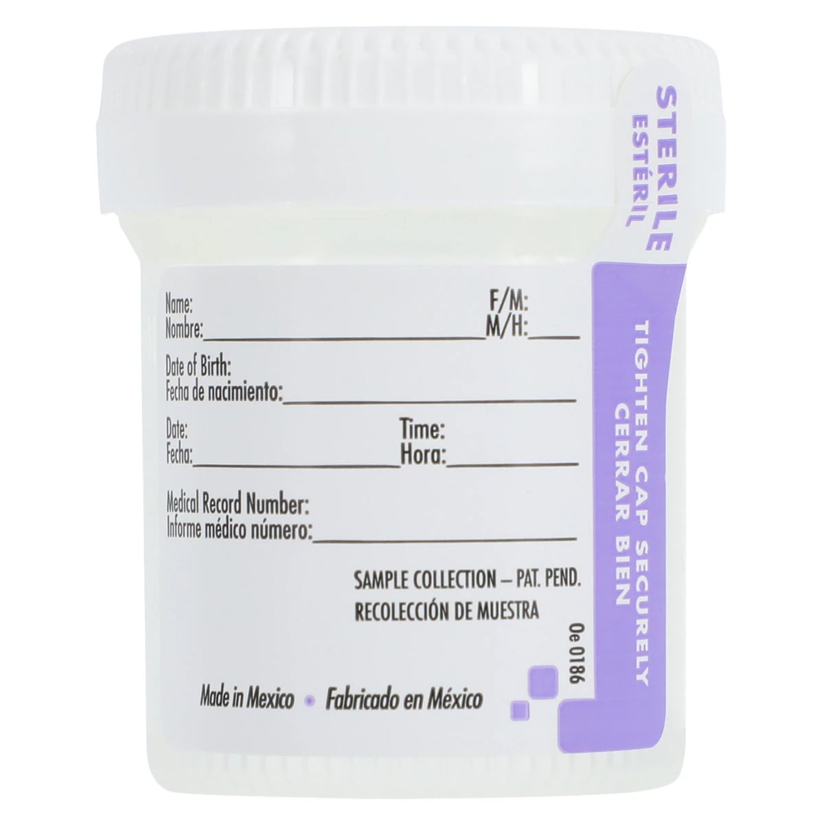 Globe Scientific Tite-Rite Specimen Container, 60mL, Polypropylene, Sterile, with ID Label/Tab Seal, Clear/White, 5x100/Case