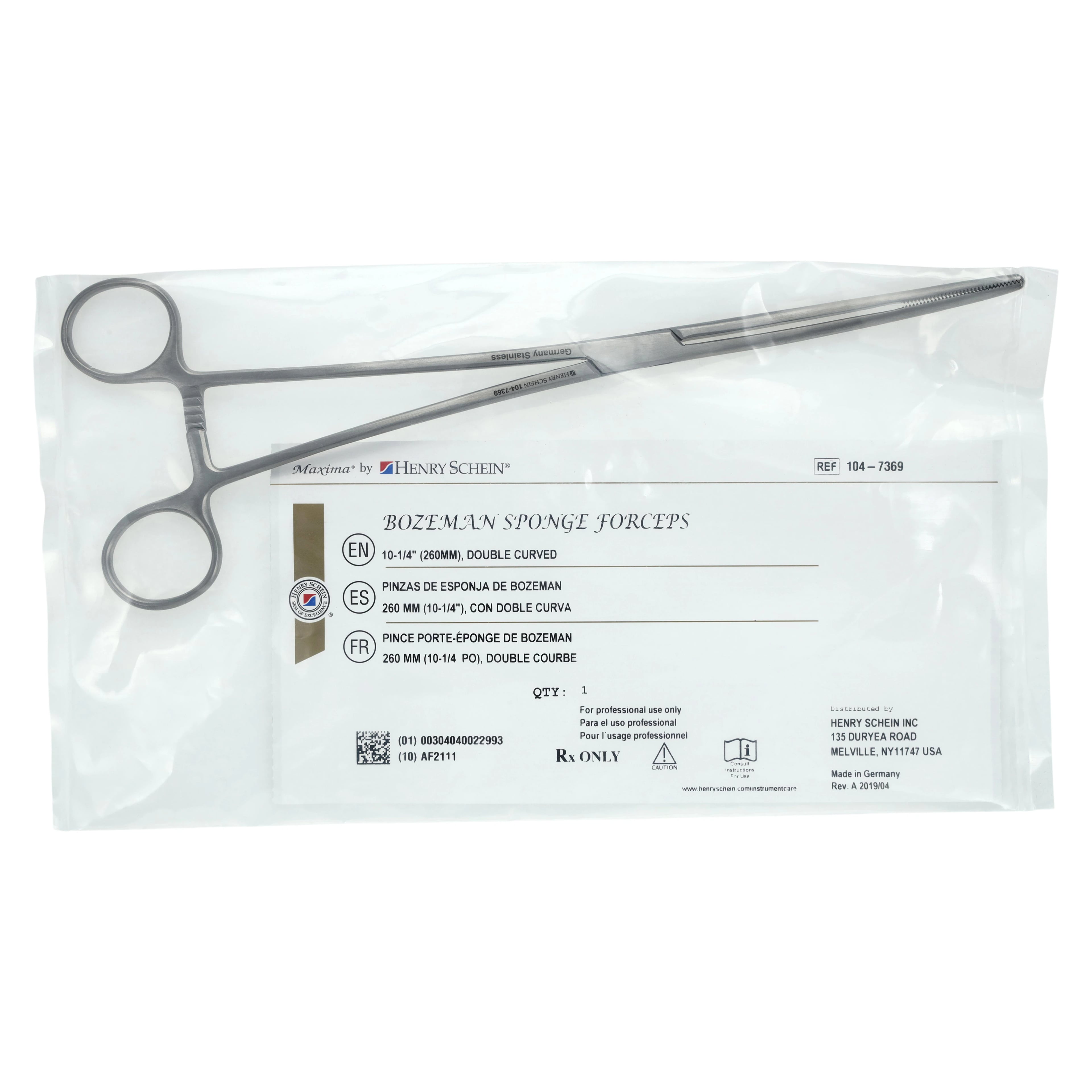 Henry Schein Bozeman Sponge Forceps, Curved, 10-1/2", Stainless Steel, Autoclavable, Each