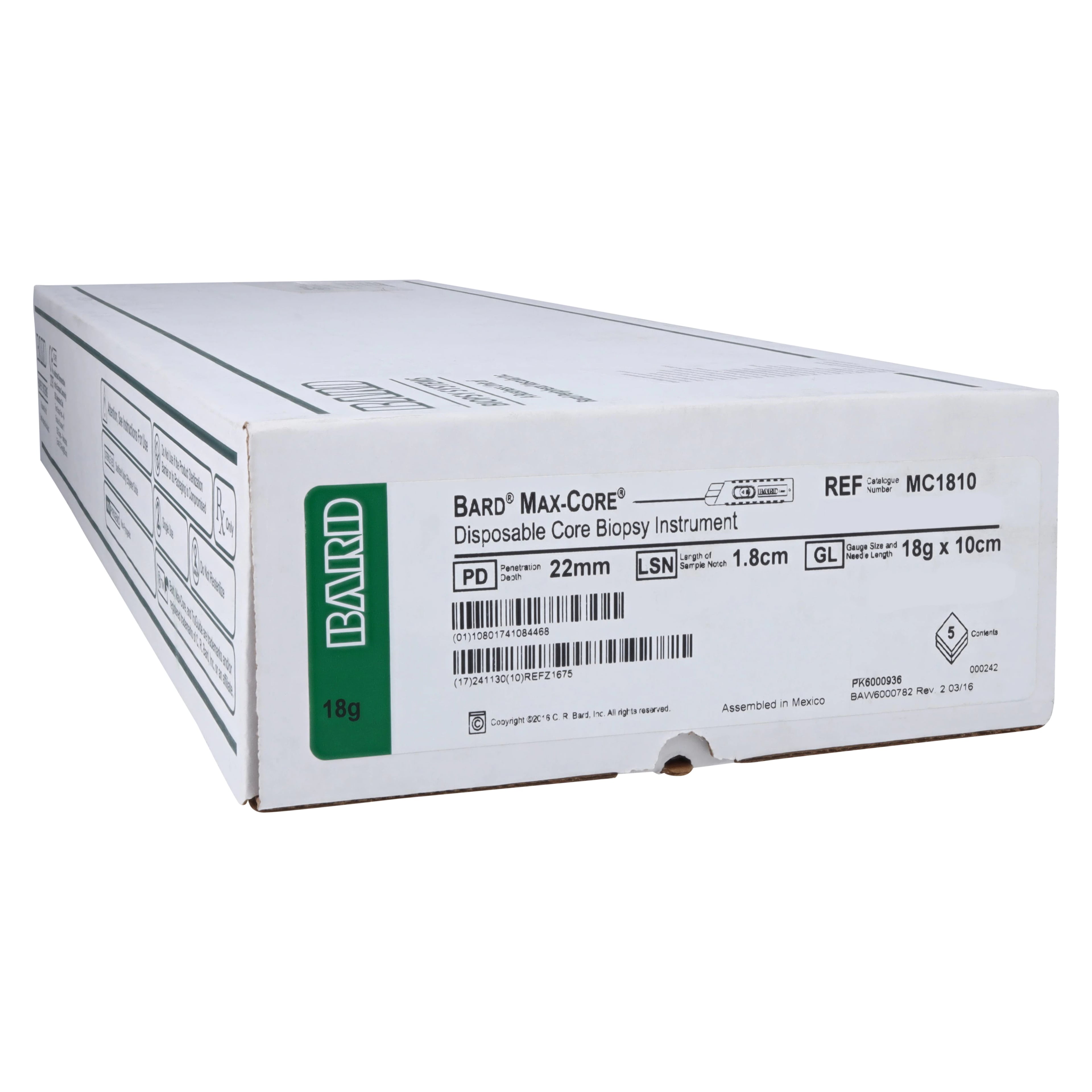 Bard MaxCore Biopsy Instrument, 18G x 10cm, Disposable Core Biopsy Needle