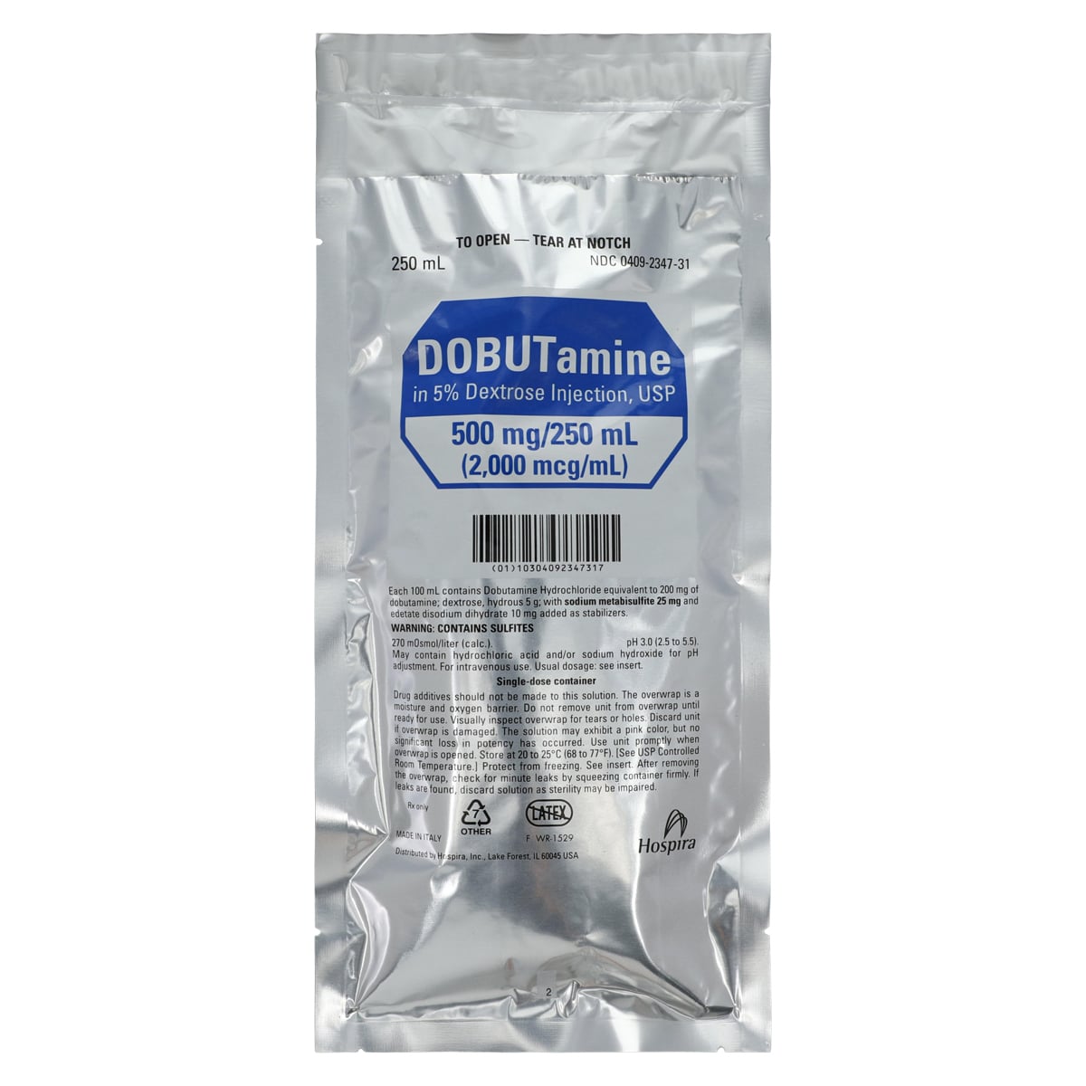 Dobutamine in 5% Dextrose Injection, 500 mg/250 mL (2 mg/mL), 250 mL Bag, 12 per Package