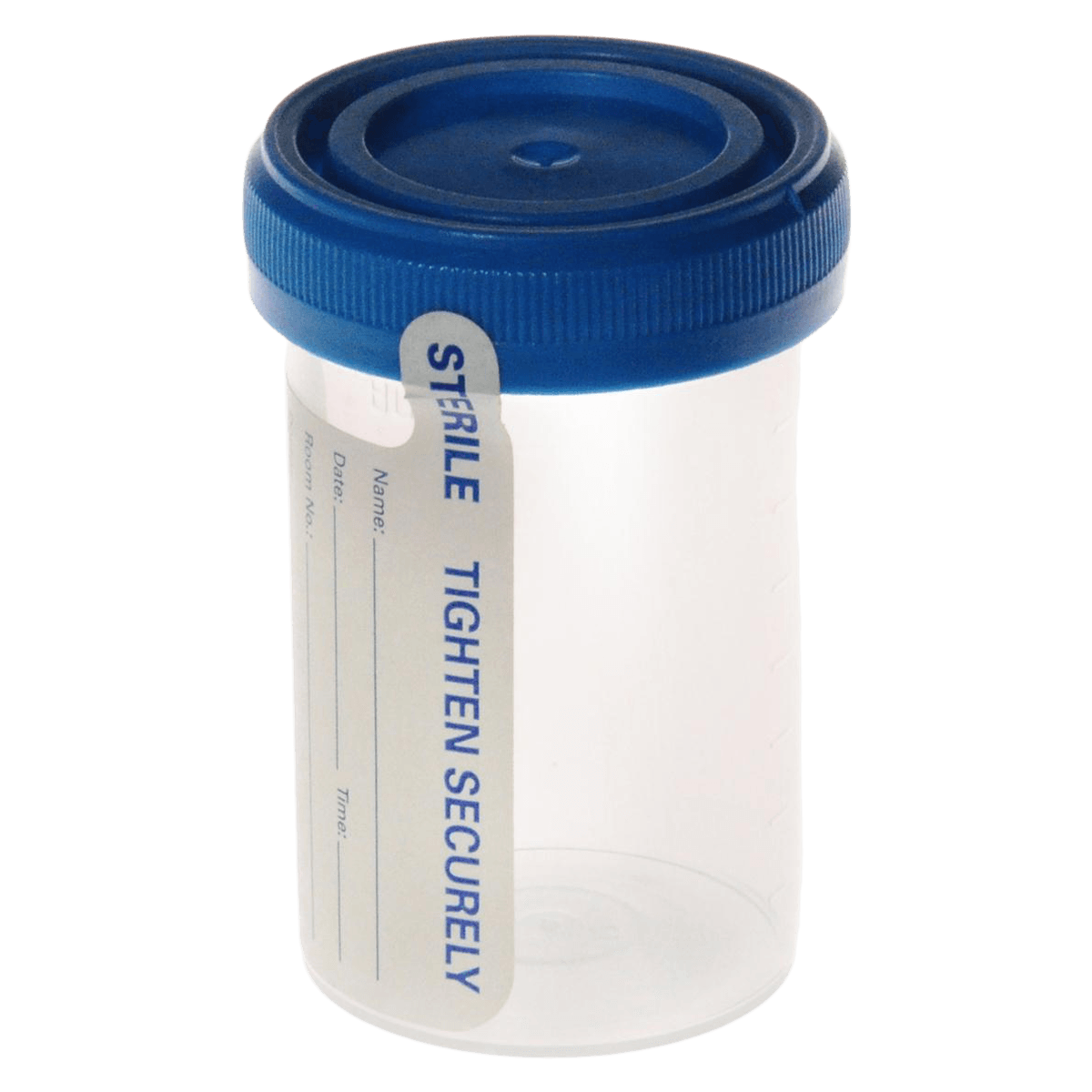 Medline Specimen Container, 3 oz, Sterile, Graduated, Attached Screw Cap, Blue, 400/Case