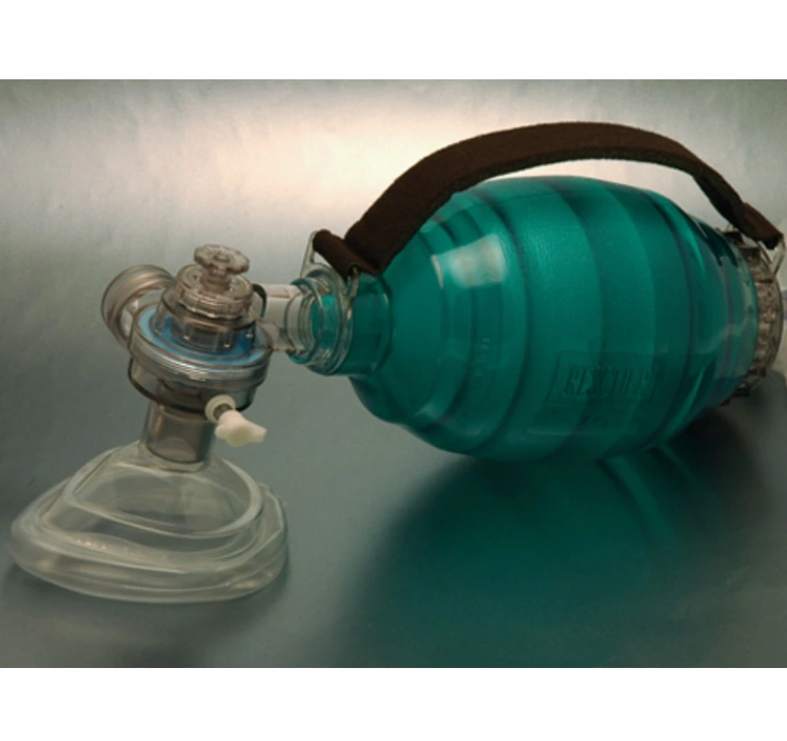 BLS Systems Med-Rescuer Adult BVM Resuscitator, Disposable, Clear/Green, with Pressure Release Valve and Handle