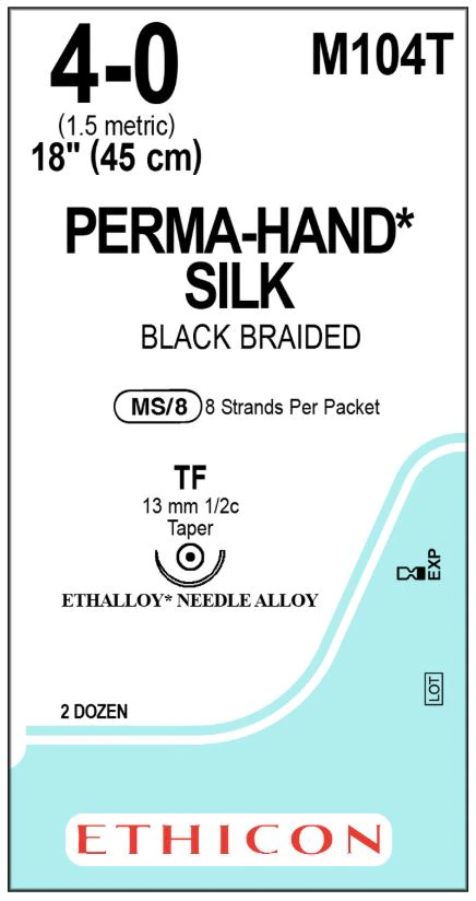 Ethicon Perma-Hand Silk Suture, 4-0, 18", Black Braided, Non-Absorbable, TF Taper Point 1/2 Circle Needle 13mm, 24/Bx, M104T