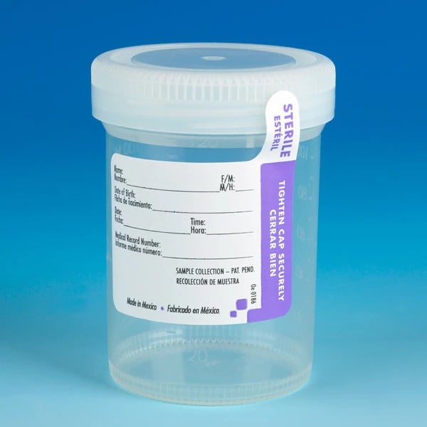 Globe Scientific Tite-Rite Sterile Specimen Container, 120mL, Polypropylene, Clear, with Attached Screw Cap, 300/Case
