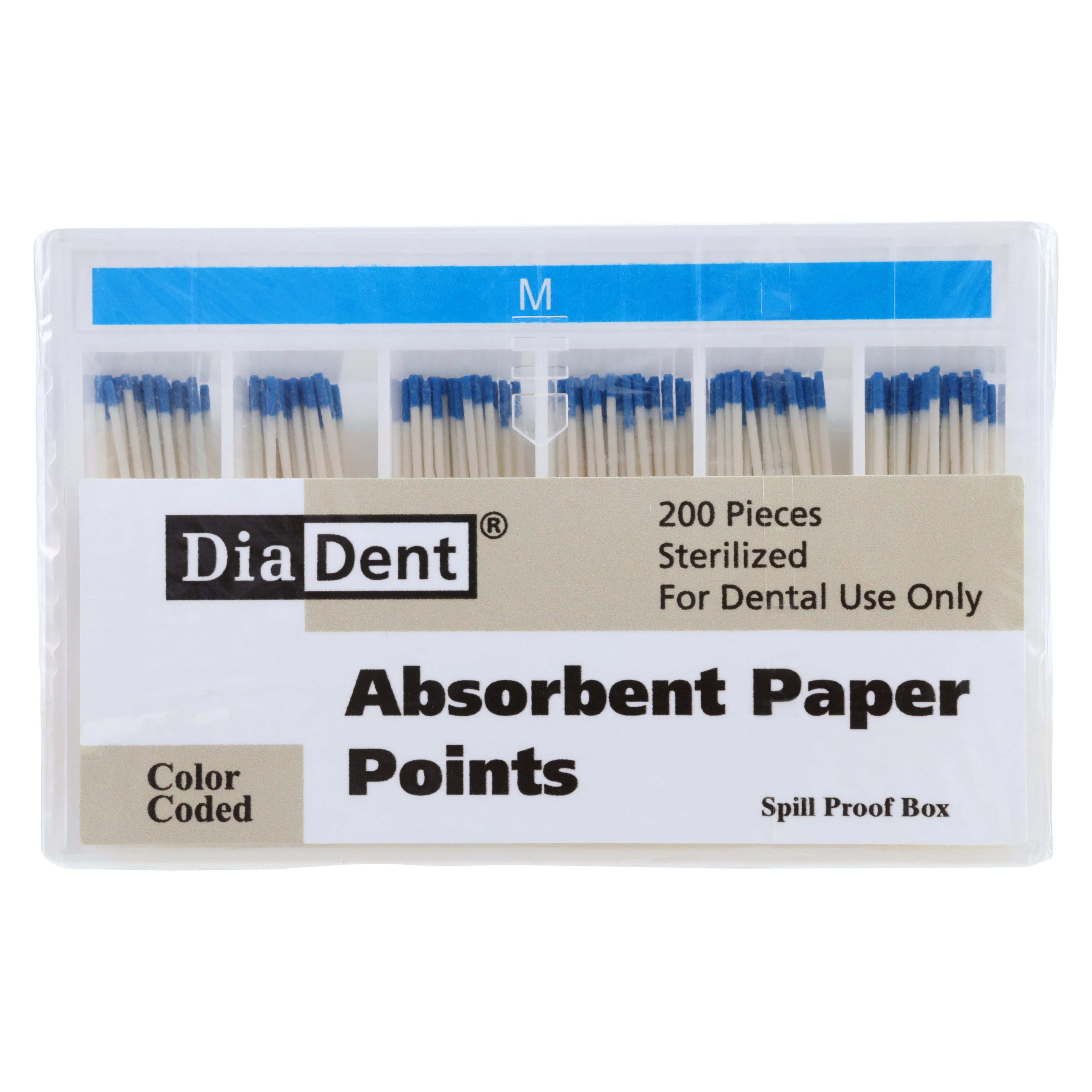 DiaDent Absorbent Paper Points, Medium, Blue, .02 Taper, Non-Marked, Spill-Proof Box, 200/Box