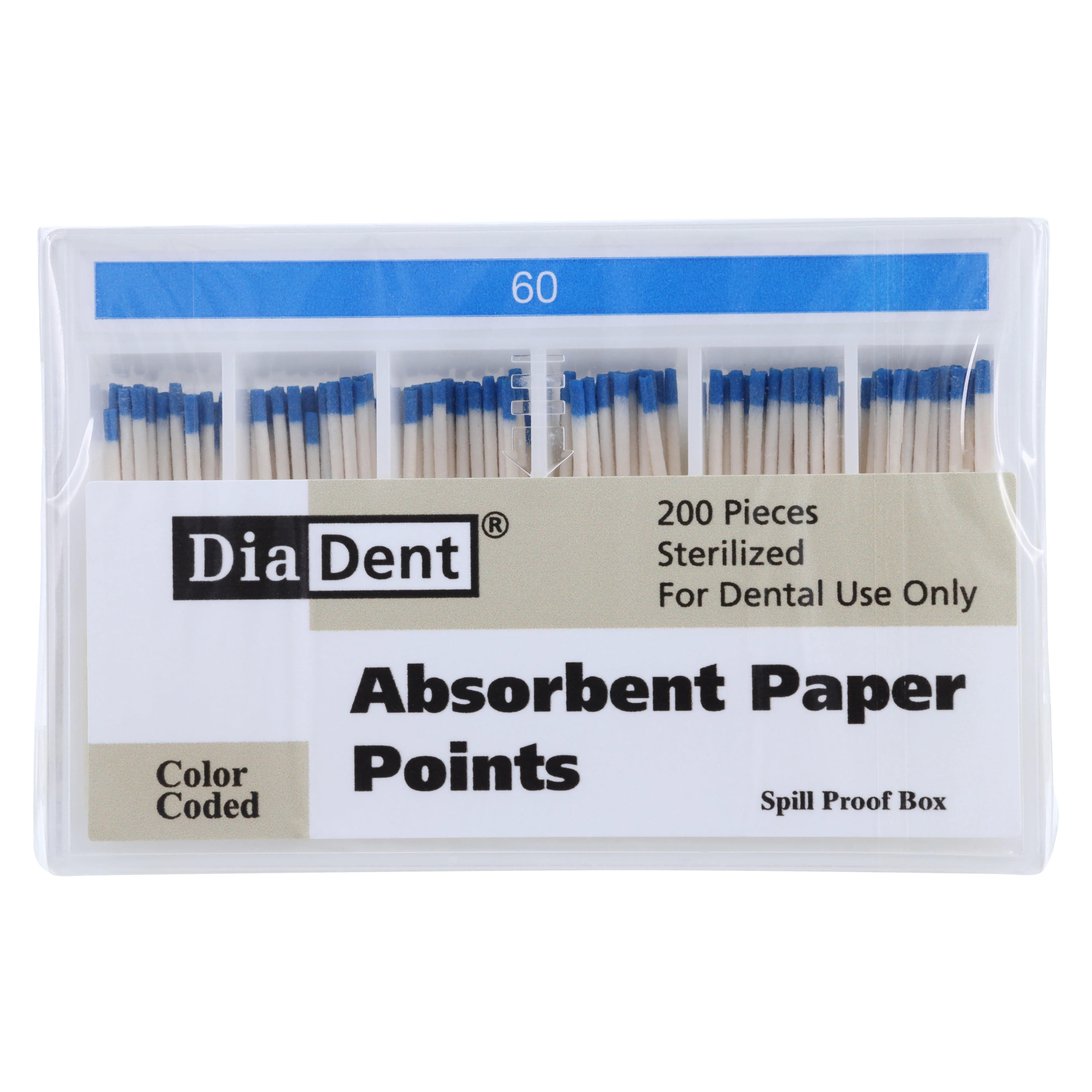 DiaDent Absorbent Paper Points, #60 Blue, .02 Taper, Non-Marked, Spill-Proof Box of 200