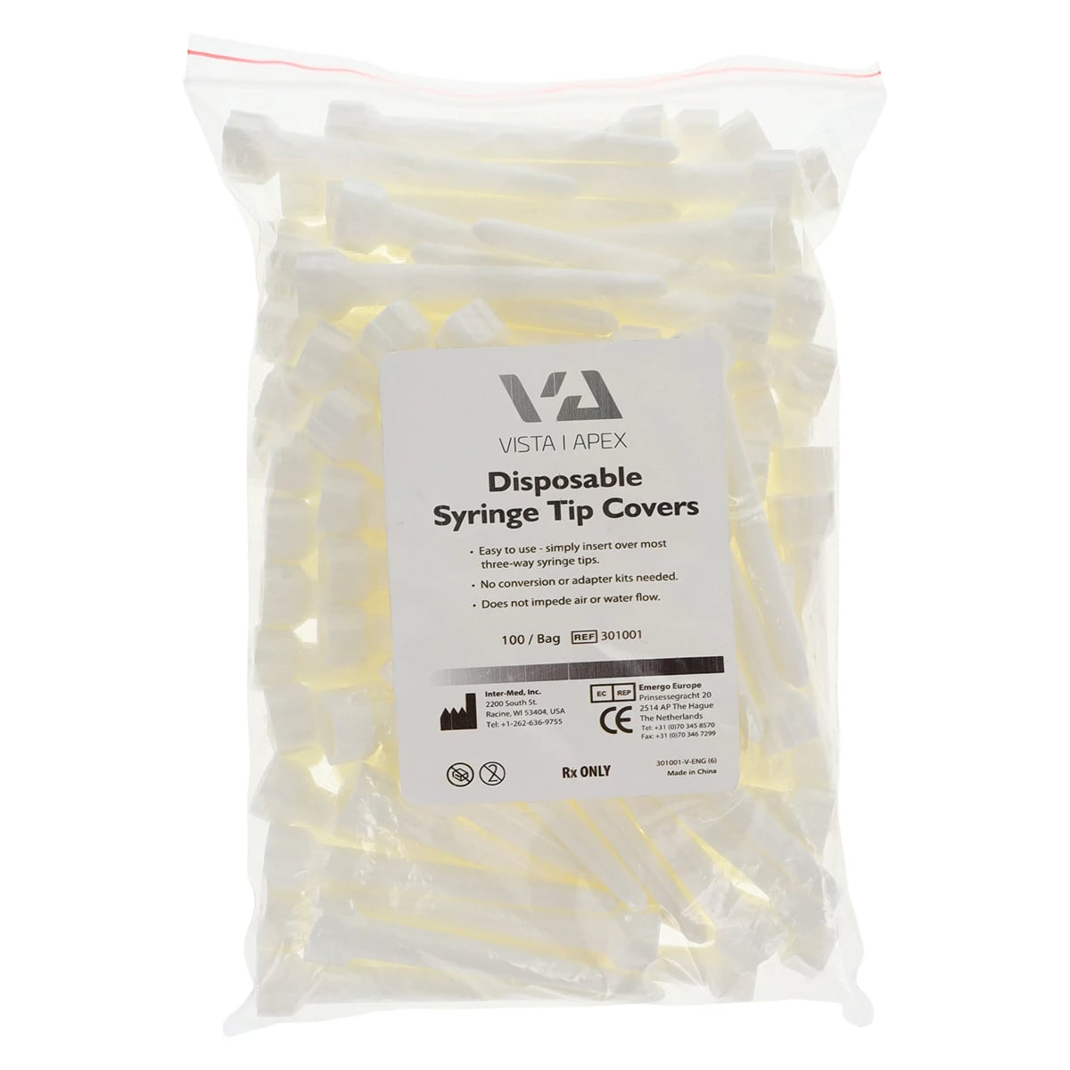 Vista Apex Syringe Tip Covers, Hydrophobic Suck-Back Protection, White, 100/Bag, #301001