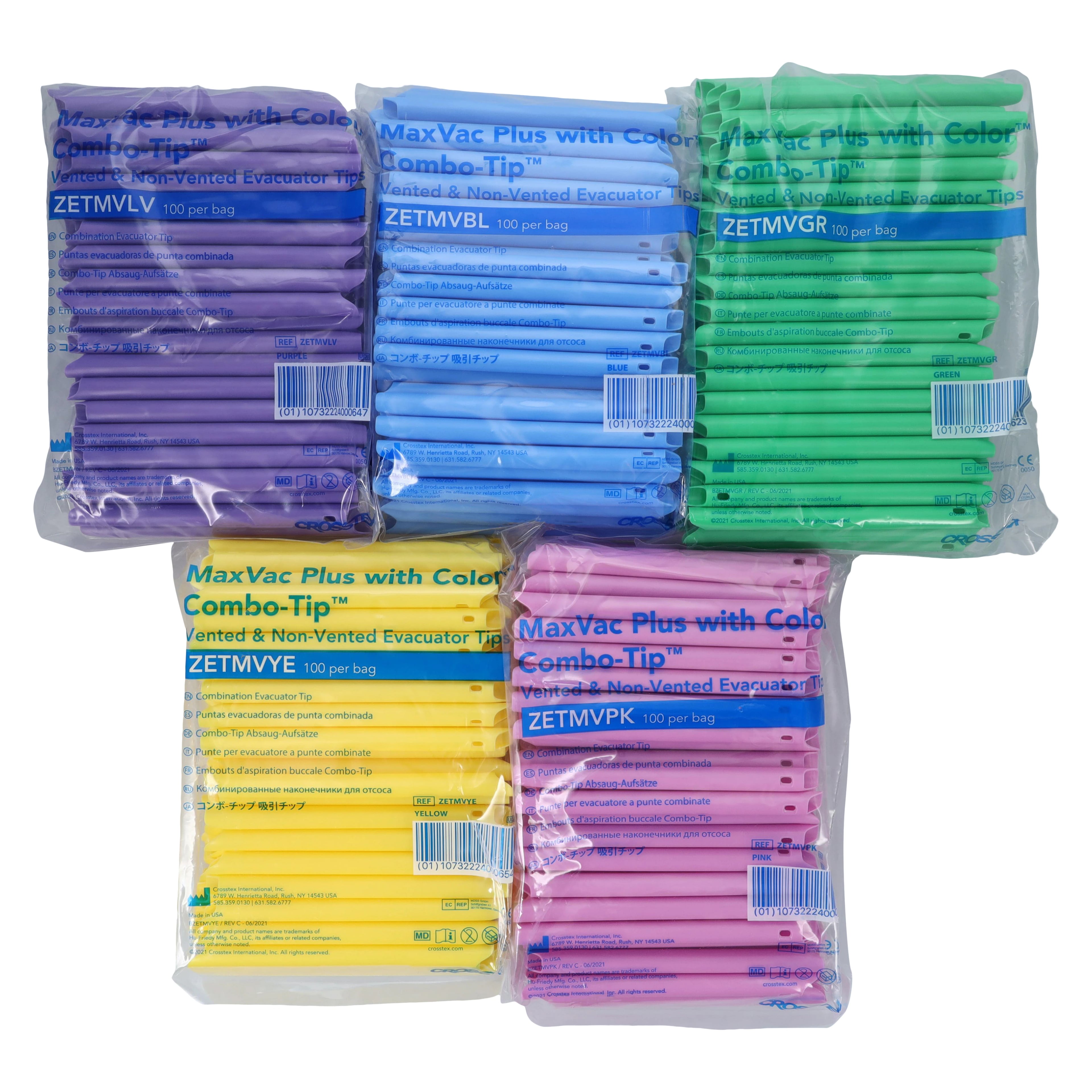 Crosstex MaxVac Plus Combo HVE Tips, Vented/Non-Vented, Assorted Colors, 1000/Pk, ZETMVP