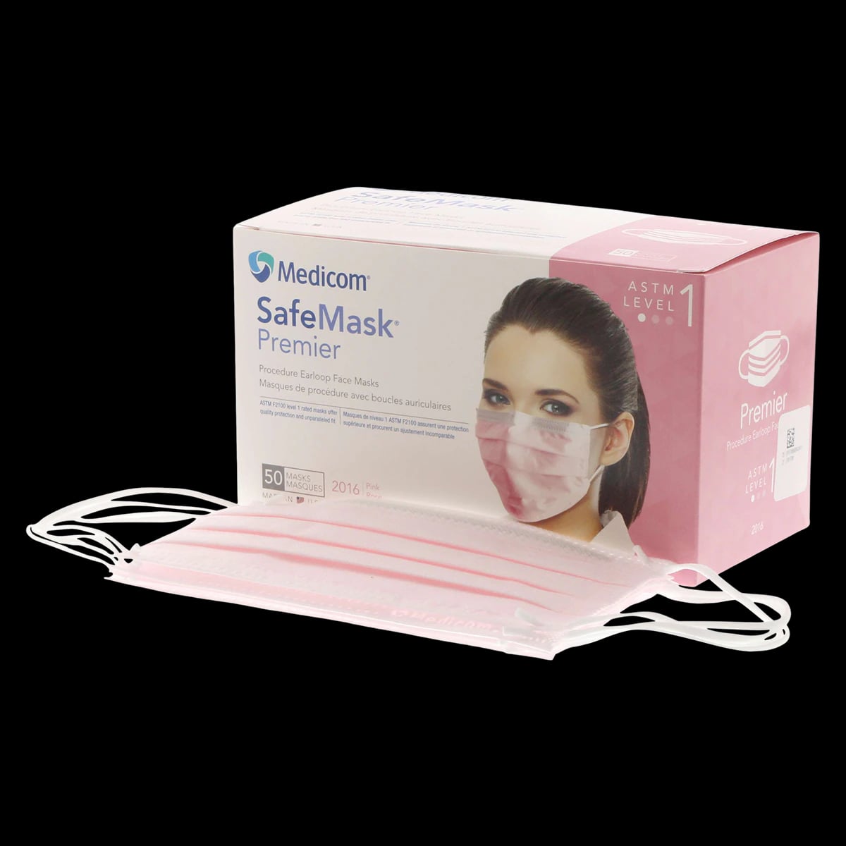 SafeMask Premier Procedure Face Mask, ASTM Level 1, Pink, Ear Loop, 50/Box, 2016