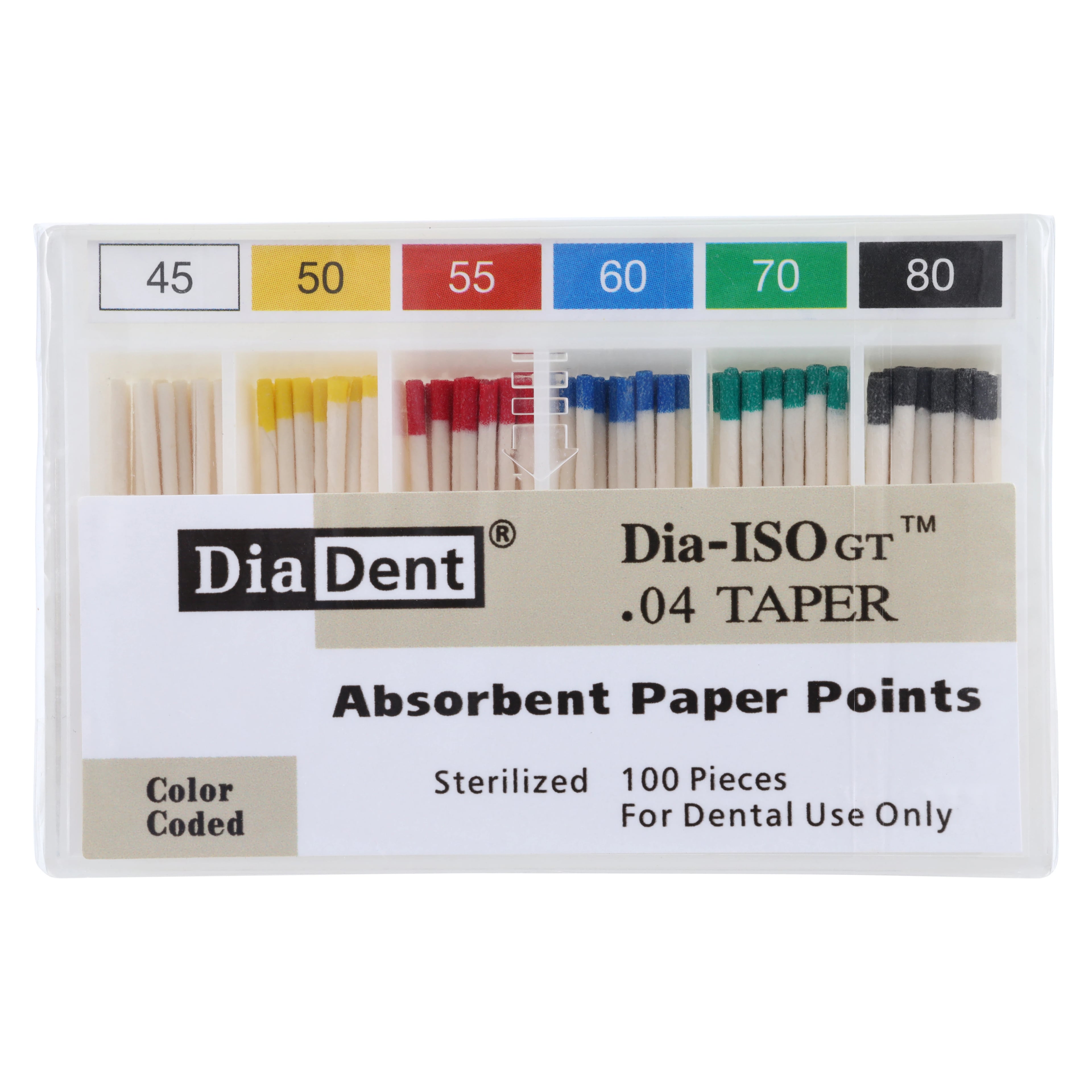 DiaDent Dia-ISOGT Absorbent Paper Points, Tapered .04, Assorted #45-80, 100/Box