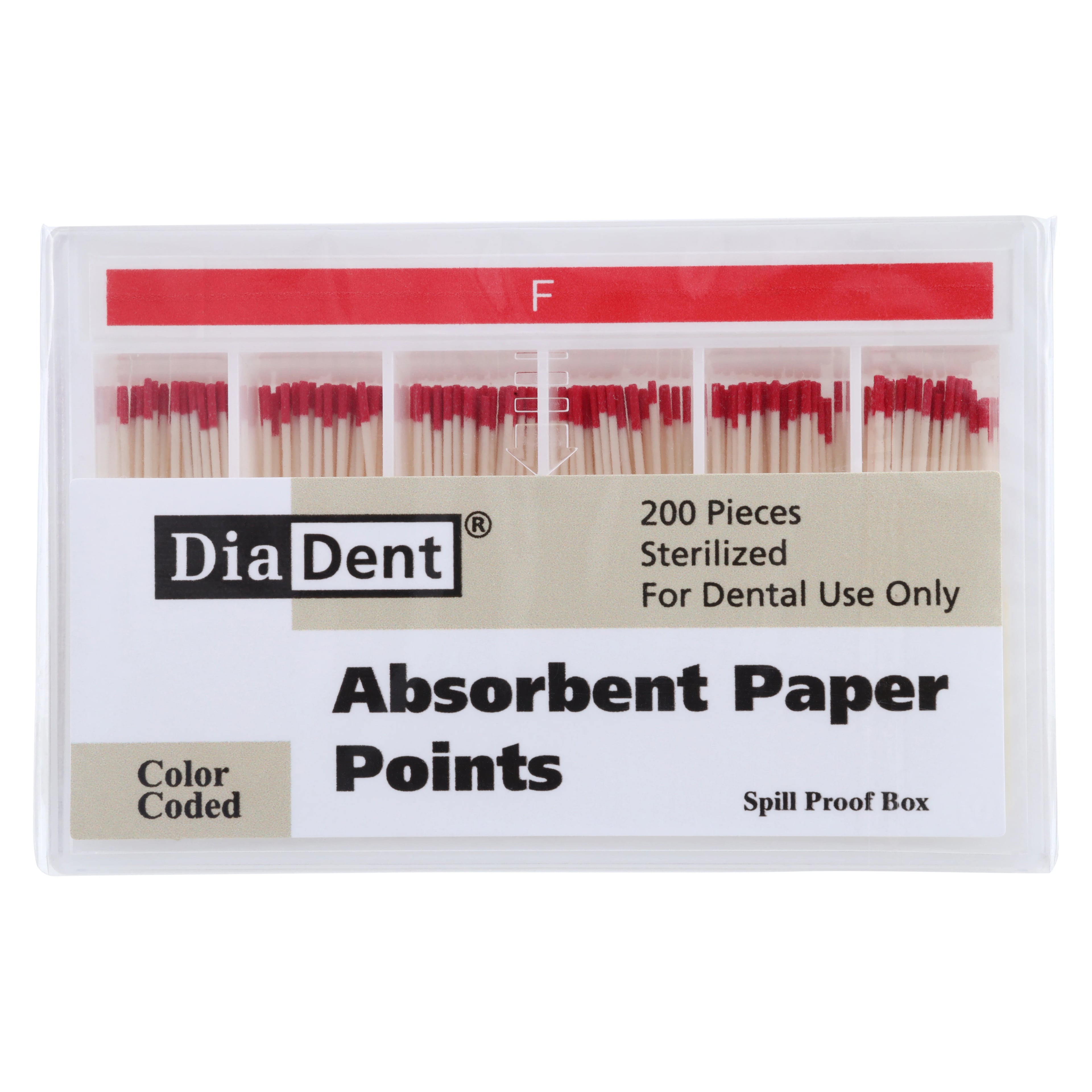 Diadent Absorbent Paper Points, Sterile, Spillproof Pack, Fine, Red, 200/Box, 202-S603