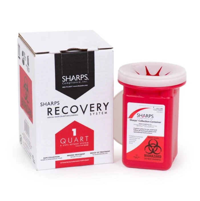Sharps Compliance Mail Back Sharps Container, Red, 1 Quart, Recovery Mailer System, 4-1/2" x 4-1/2" x 7", Plastic, Non-Sterile, USPS Approved