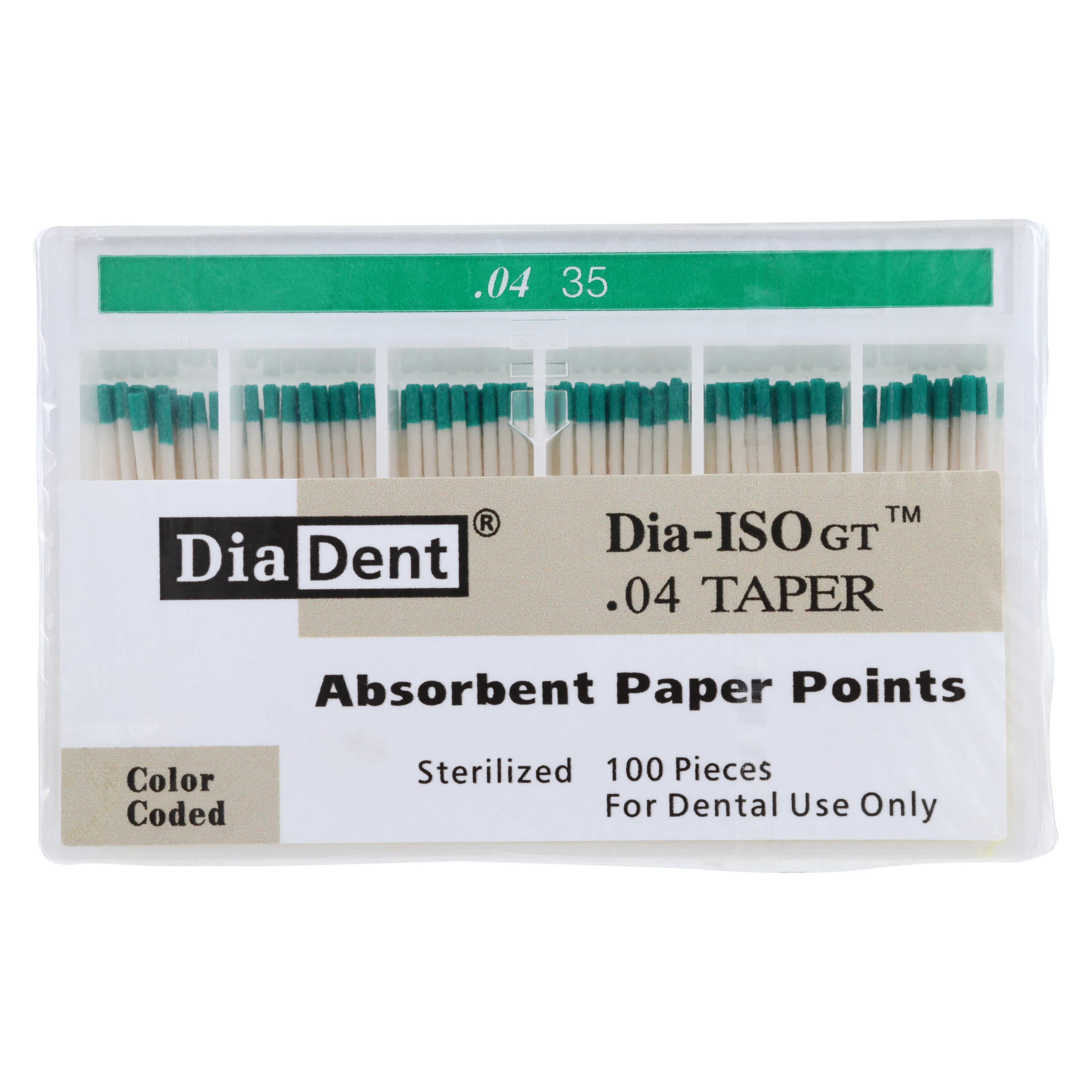 DiaDent Dia-ISO GT Absorbent Paper Points, .04 Taper, ISO Size #35, Green, 100/Pk, 210-S607